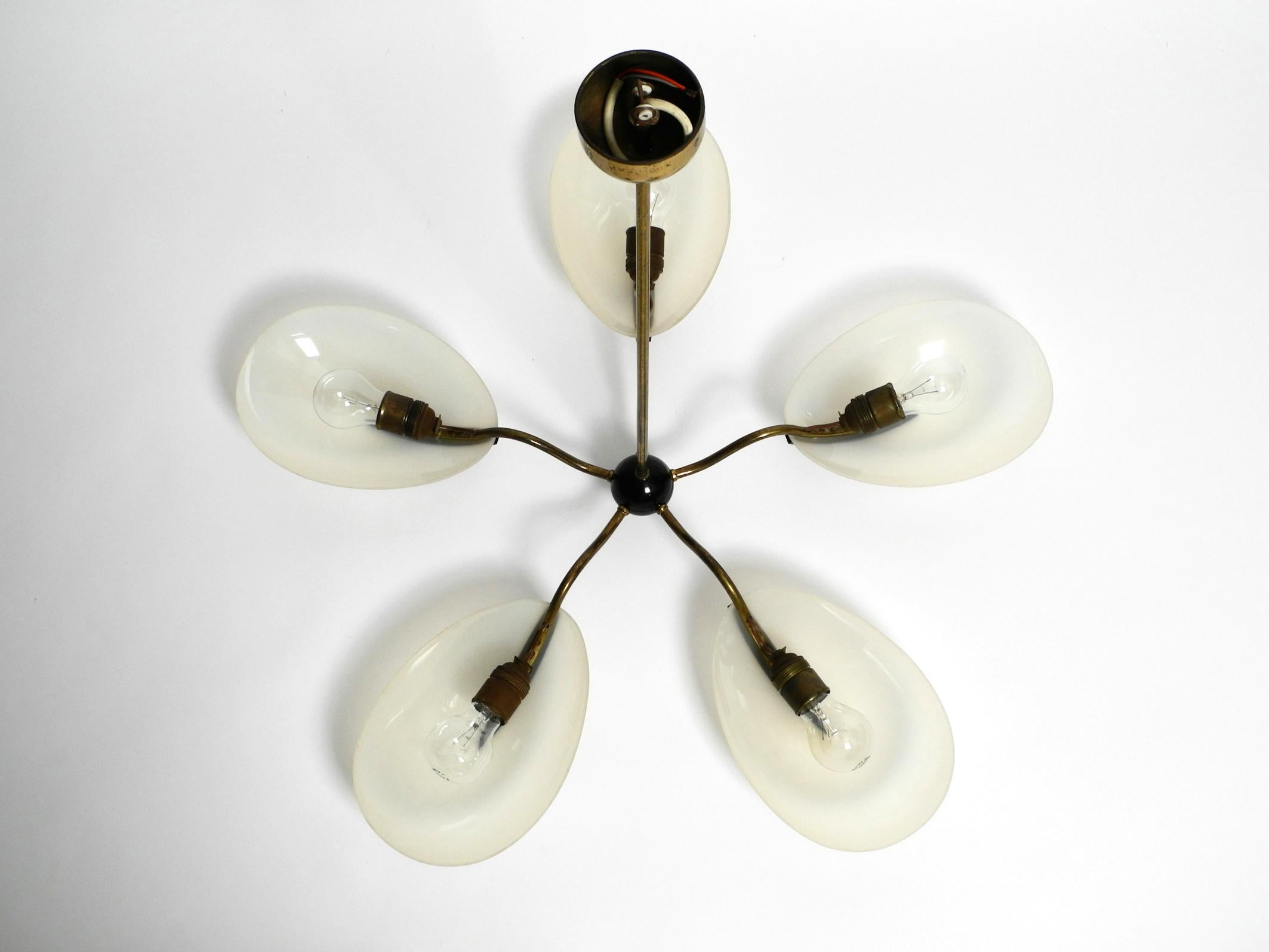 Mid-20th Century Huge 5-Armed Mid-Century Modern Brass Chandelier with Large Plexiglass Shades