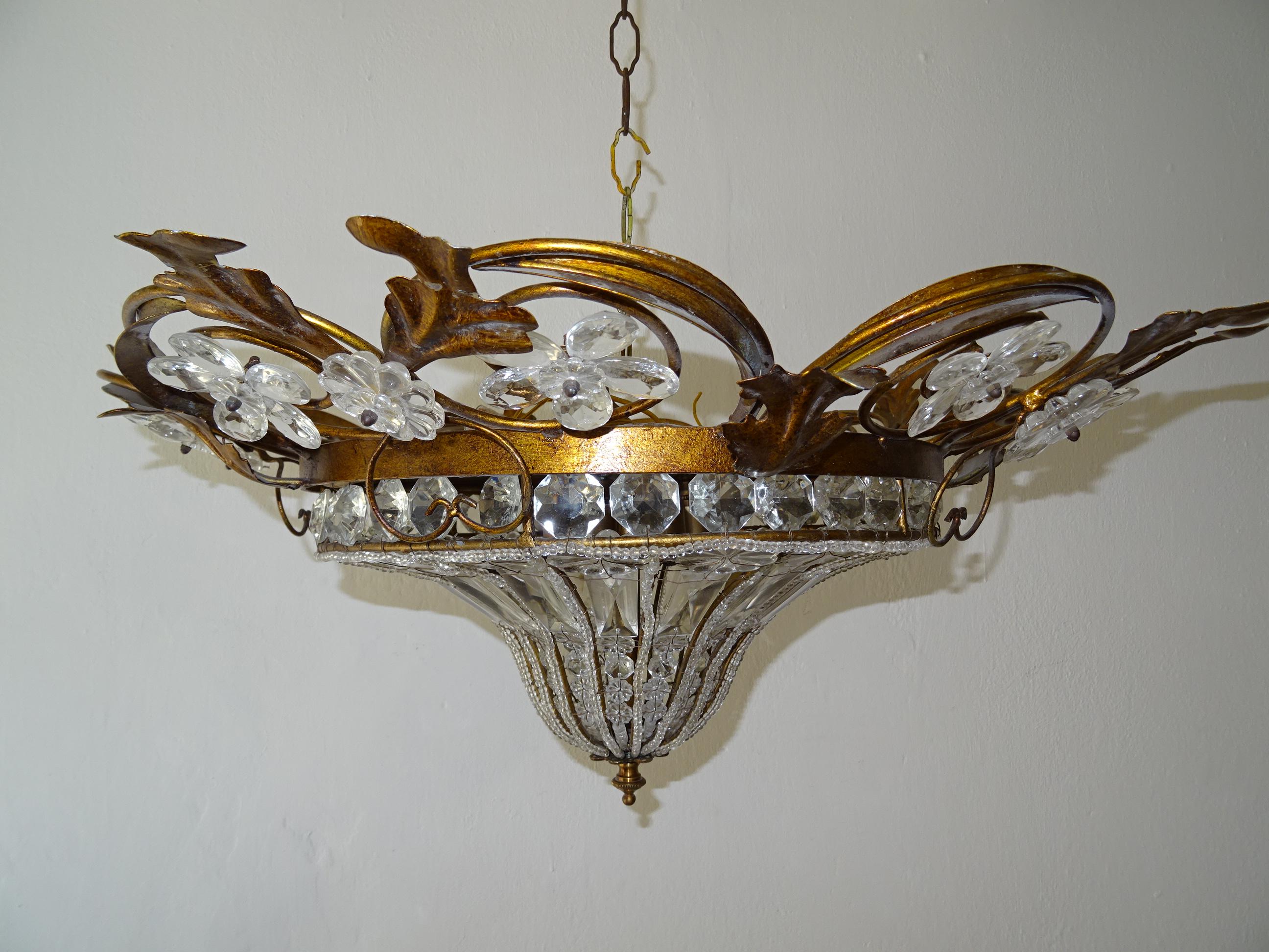 Rare big size. Housing 6 lights. Will be rewired free of charge with certified UL US sockets for the USA and appropriate sockets for all other countries and ready to hang. Crystal beading with florets and prisms throughout. Big crystal prism flowers