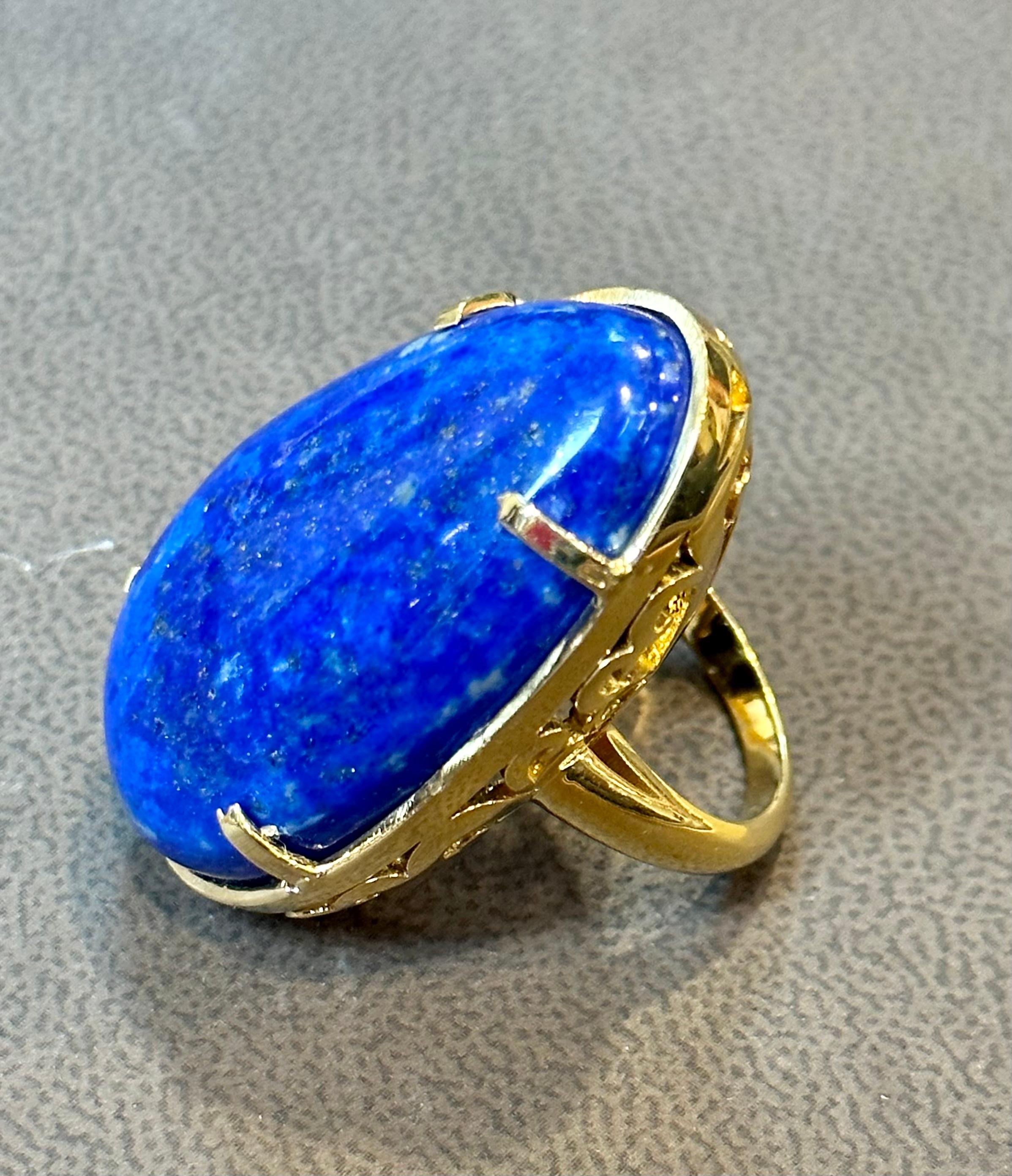 Mixed Cut Huge 63 Ct Natural Cabochon Lapis Lazuli Ring in 14 Kt Yellow Gold, Estate For Sale