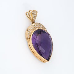 Huge 65ct Amethyst Pendant 14k Yellow Gold Diamond Pear Cut Vintage Jewelry