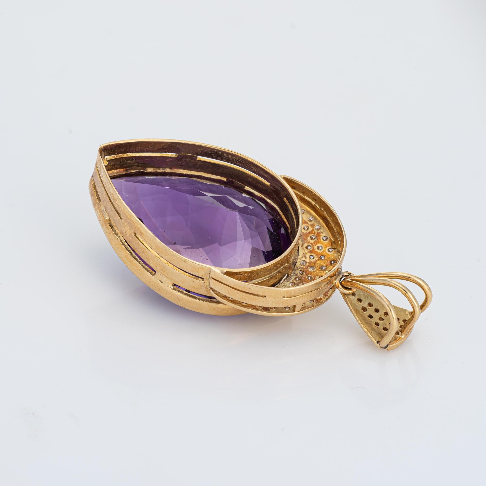 Huge 65ct Amethyst Pendant 14k Yellow Gold Diamond Pear Cut Vintage Jewelry In Good Condition For Sale In Torrance, CA