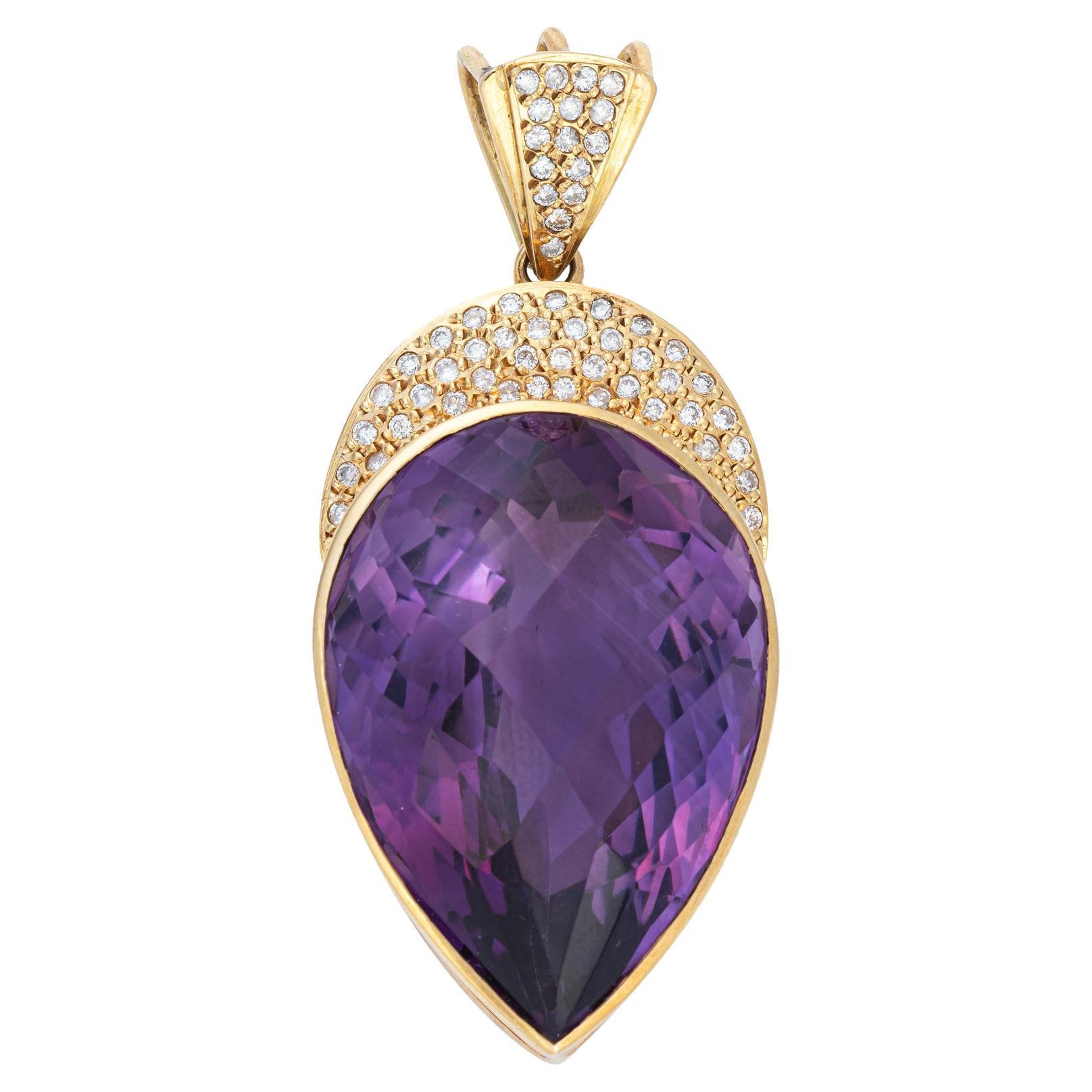 Huge 65ct Amethyst Pendant 14k Yellow Gold Diamond Pear Cut Vintage Jewelry For Sale