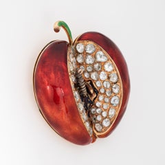 Huge 7ct Diamond Apple Pendant Worm Vintage 14k Yellow Gold Red Enamel Jewelry