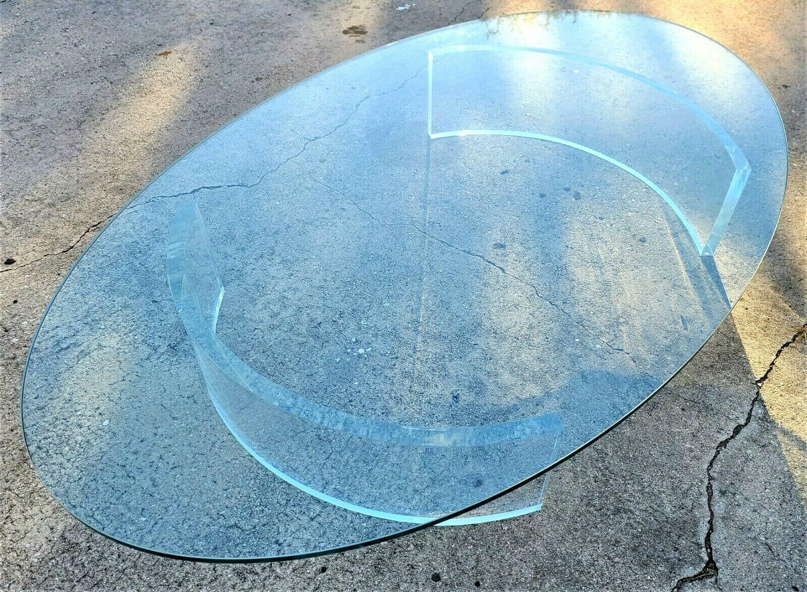 Huge 8 Foot Curved Lucite Pedestal & Oval Glass Coffee Cocktail Table In Good Condition In Lake Worth, FL