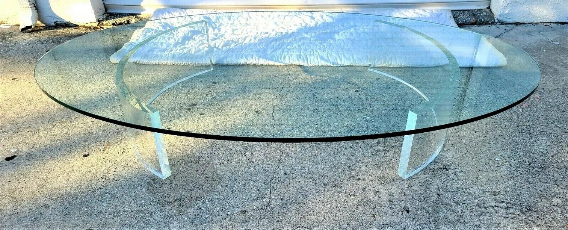 Huge 8 Foot Curved Lucite Pedestal & Oval Glass Coffee Cocktail Table 1