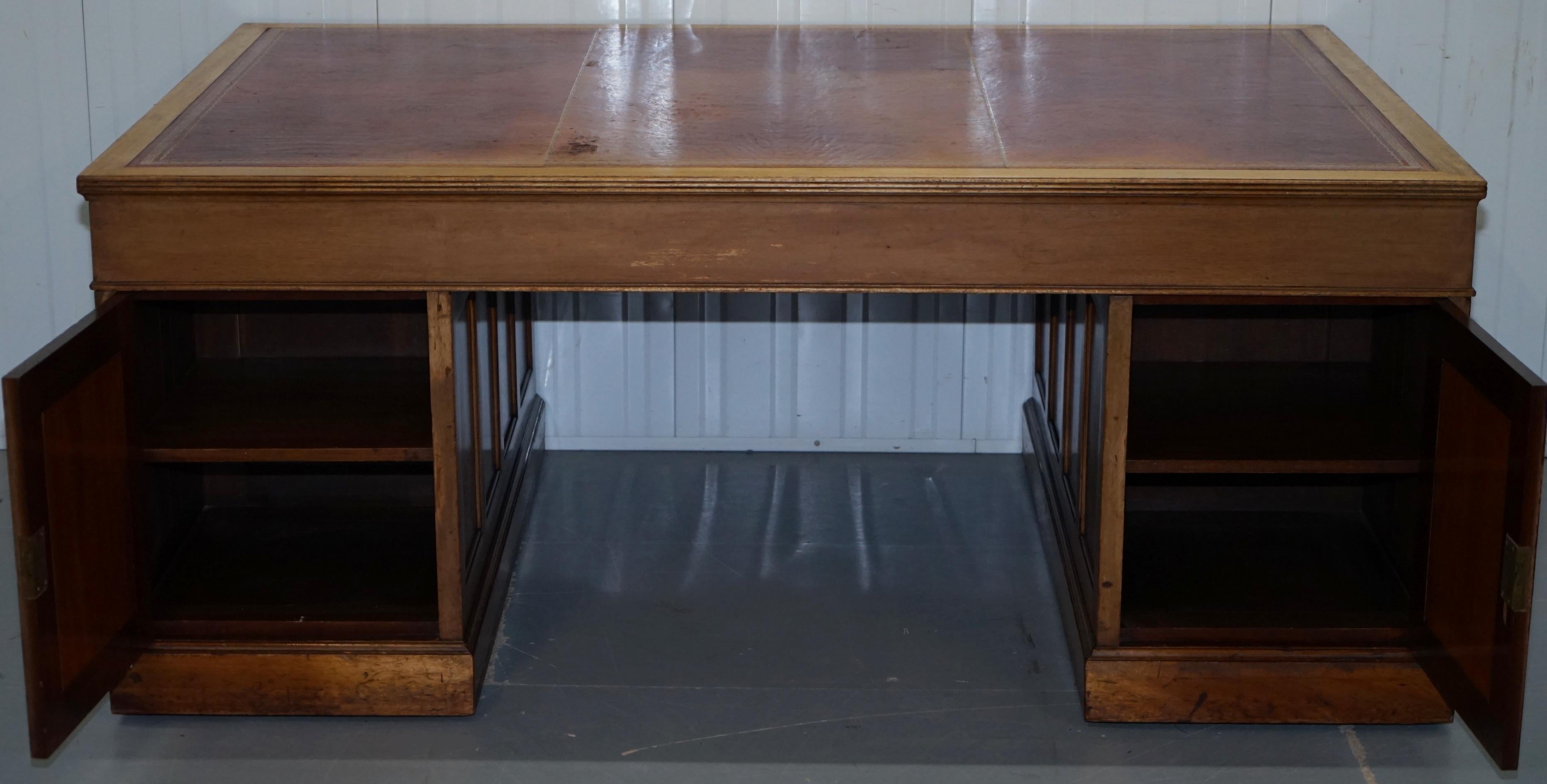 Huge 9-Drawer 2-Cupboard Double Sided Twin Pedestal Partner Desk Oxblood Leather 3
