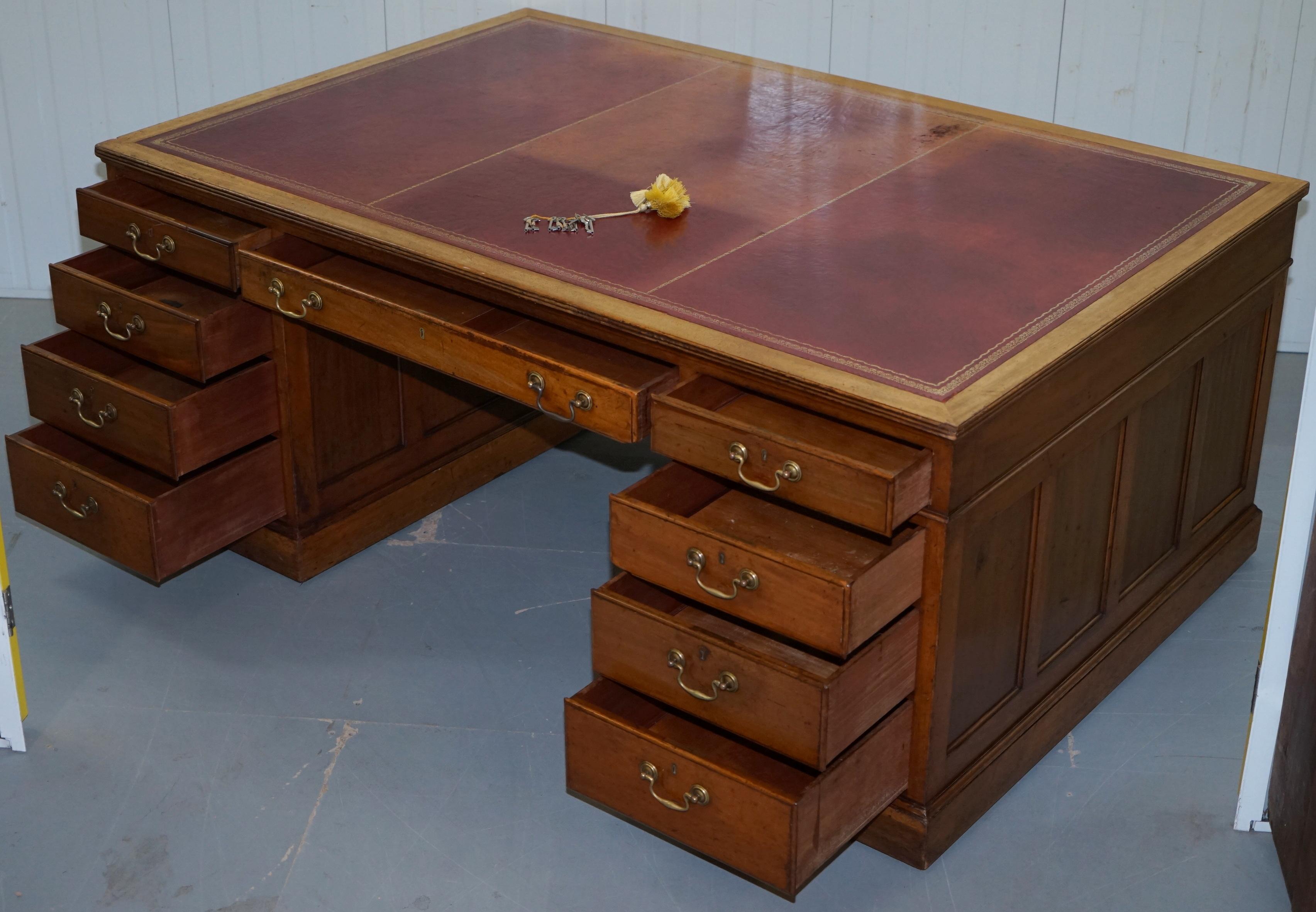 Huge 9-Drawer 2-Cupboard Double Sided Twin Pedestal Partner Desk Oxblood Leather 4