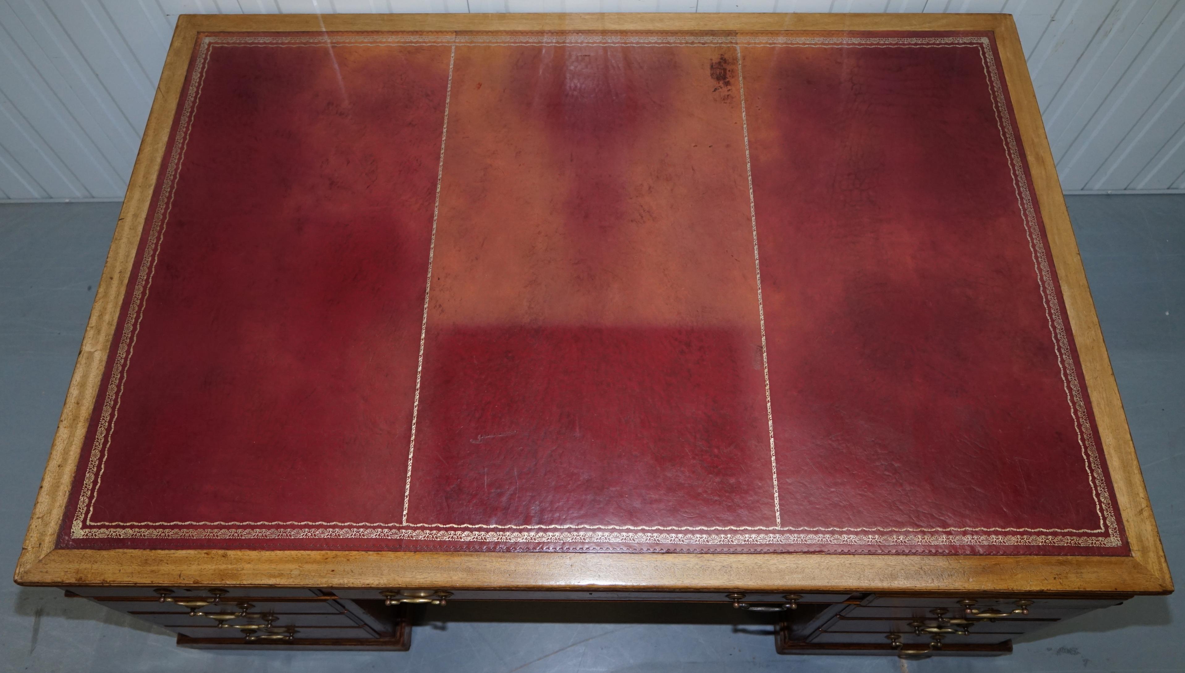 Victorian Huge 9-Drawer 2-Cupboard Double Sided Twin Pedestal Partner Desk Oxblood Leather