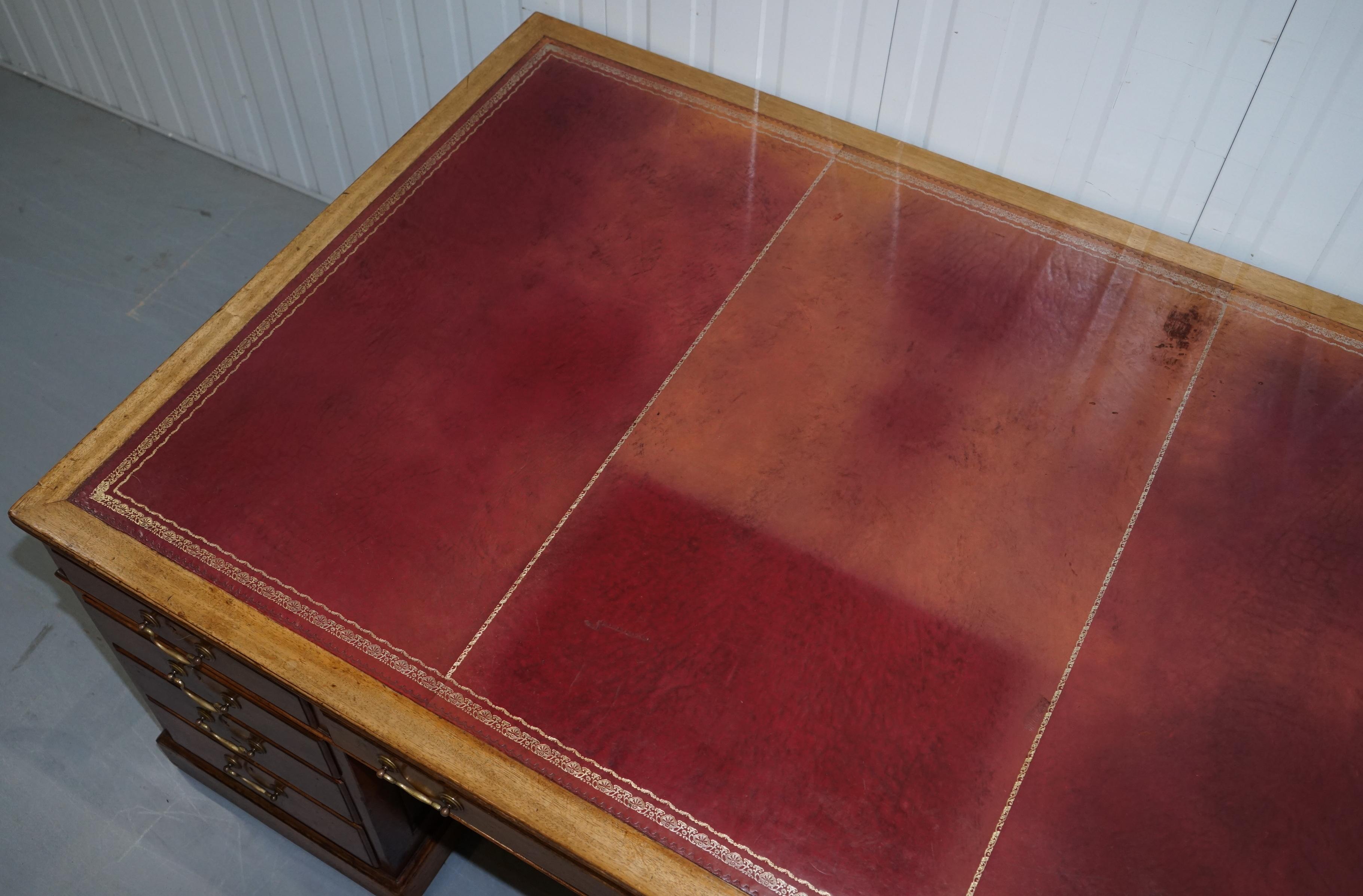 English Huge 9-Drawer 2-Cupboard Double Sided Twin Pedestal Partner Desk Oxblood Leather