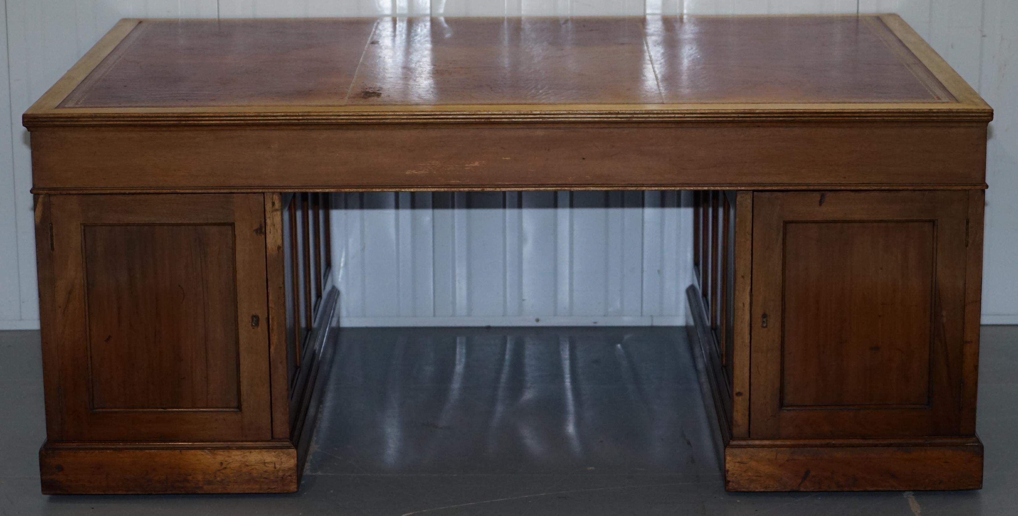 19th Century Huge 9-Drawer 2-Cupboard Double Sided Twin Pedestal Partner Desk Oxblood Leather