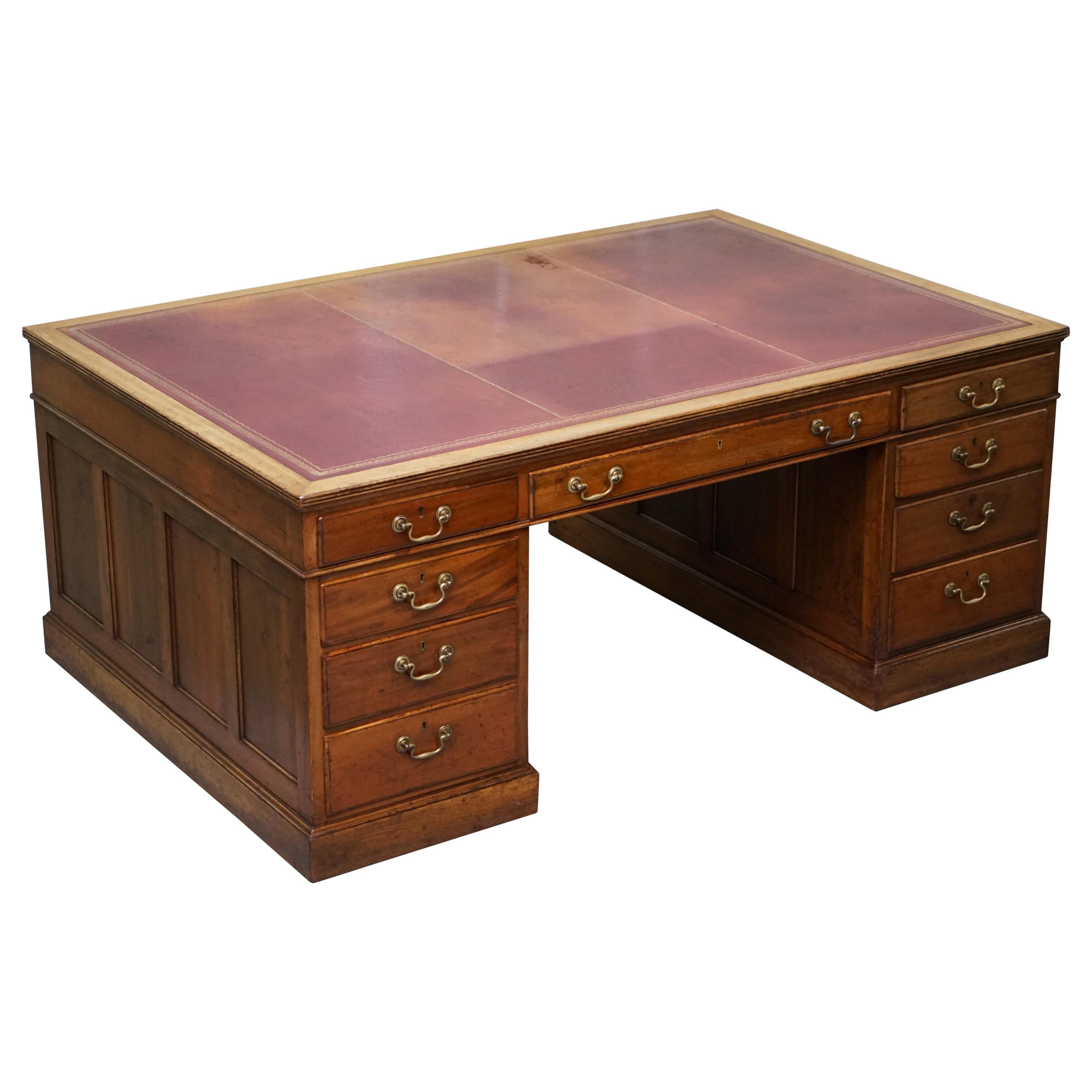 Huge 9-Drawer 2-Cupboard Double Sided Twin Pedestal Partner Desk Oxblood Leather