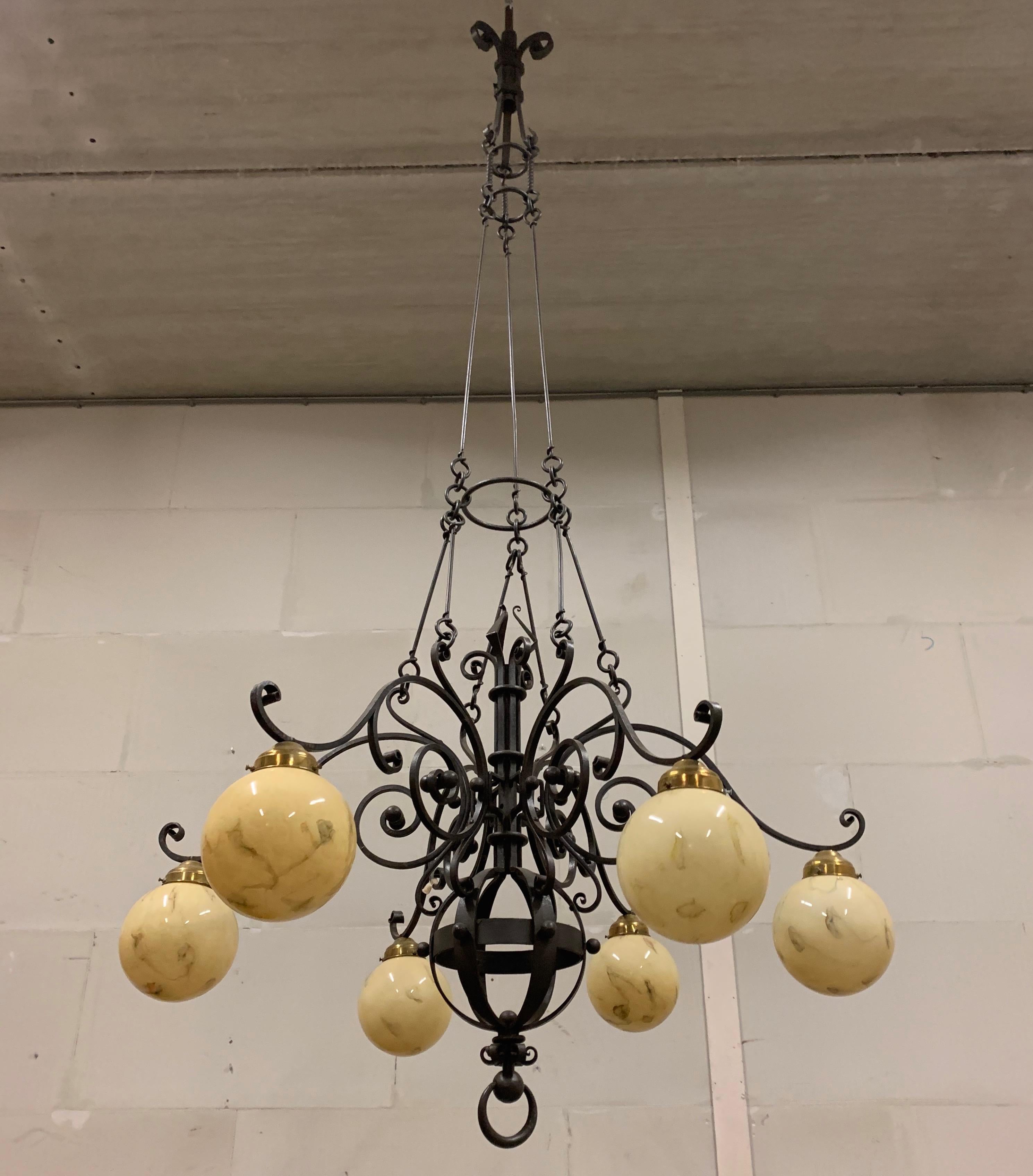  Huge 9 Feet High, Arts & Crafts Wrought Iron, Marbled Glass Chandelier Pendant  For Sale 7