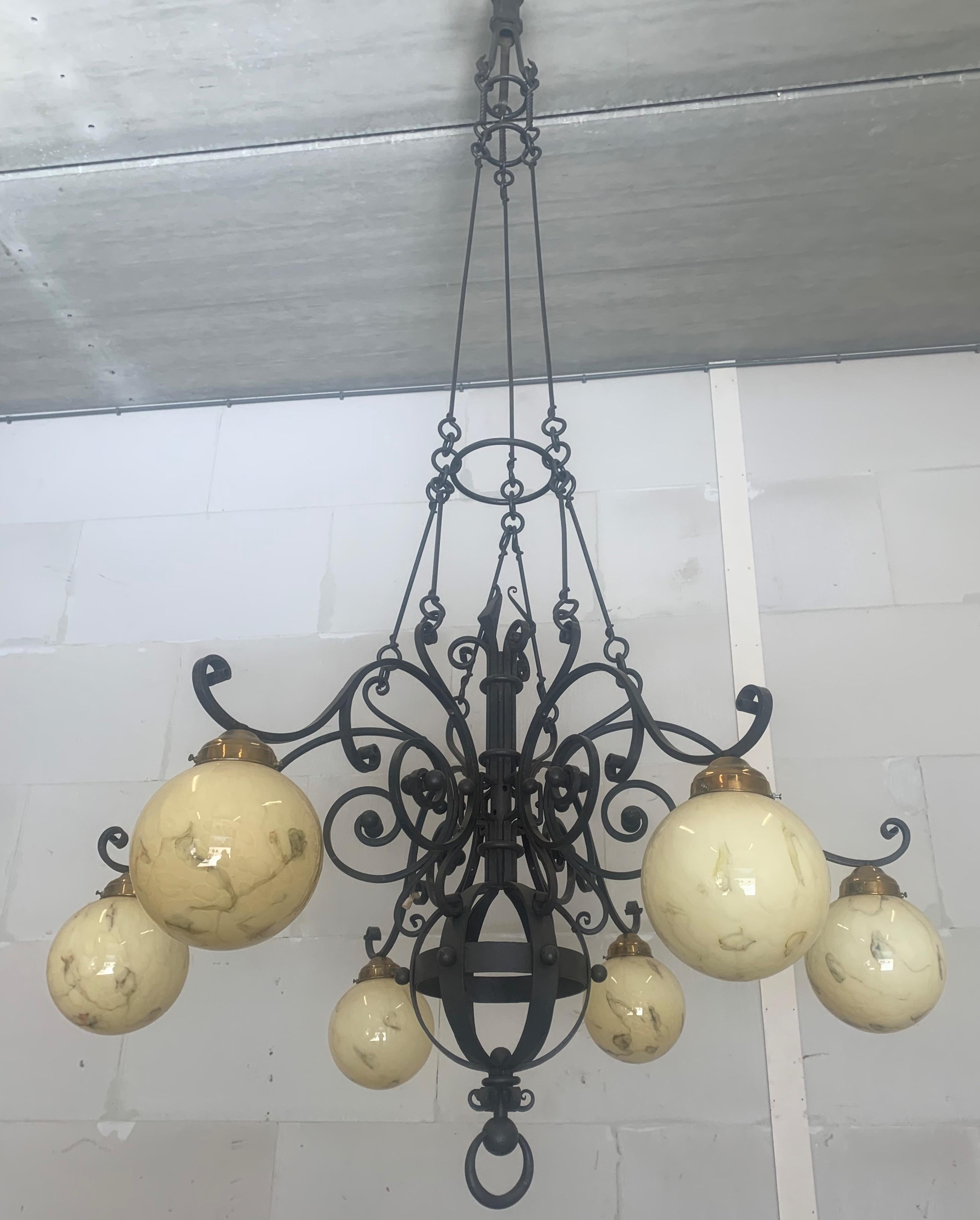  Huge 9 Feet High, Arts & Crafts Wrought Iron, Marbled Glass Chandelier Pendant  For Sale 8