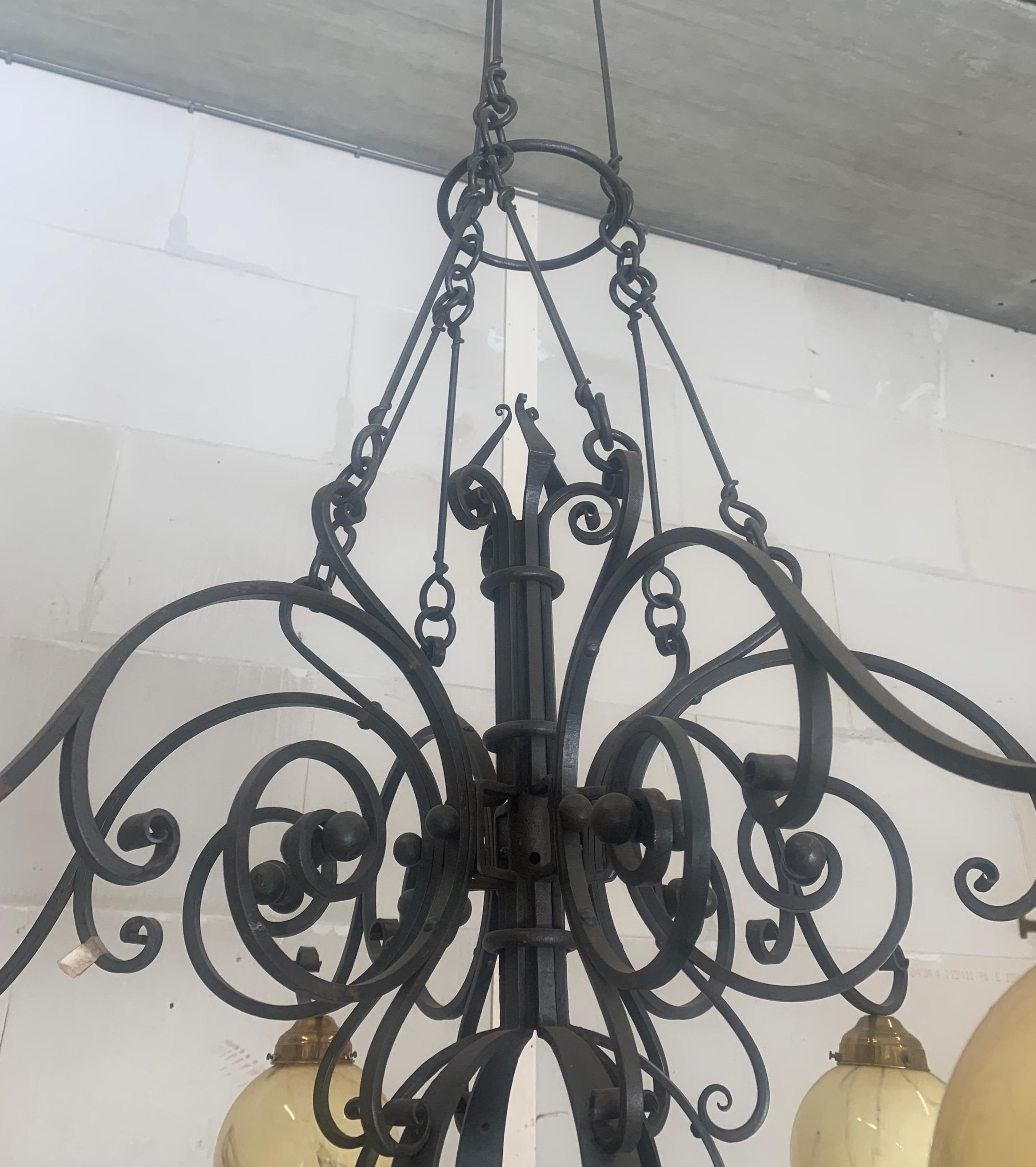  Huge 9 Feet High, Arts & Crafts Wrought Iron, Marbled Glass Chandelier Pendant  For Sale 9