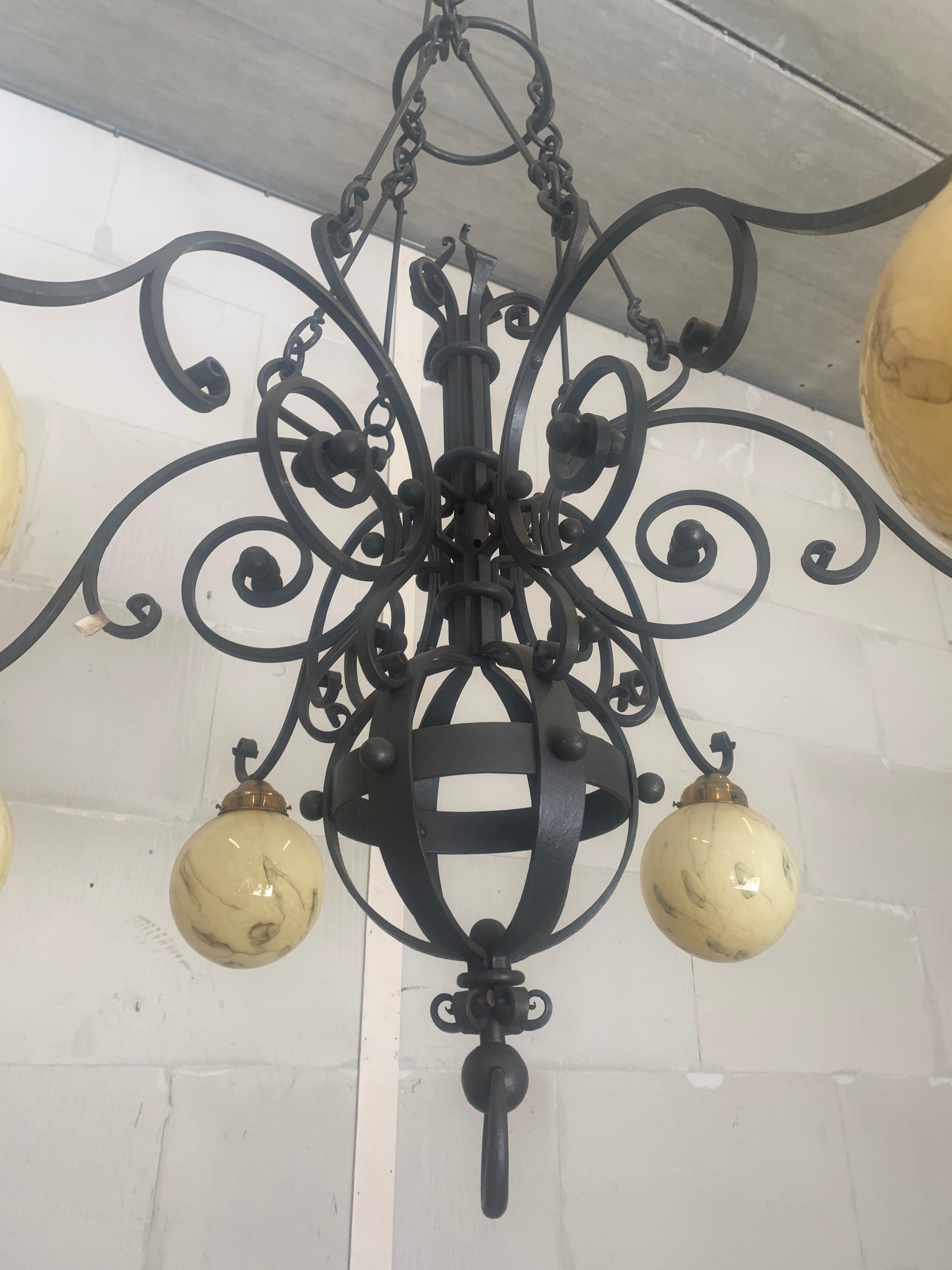  Huge 9 Feet High, Arts & Crafts Wrought Iron, Marbled Glass Chandelier Pendant  For Sale 11