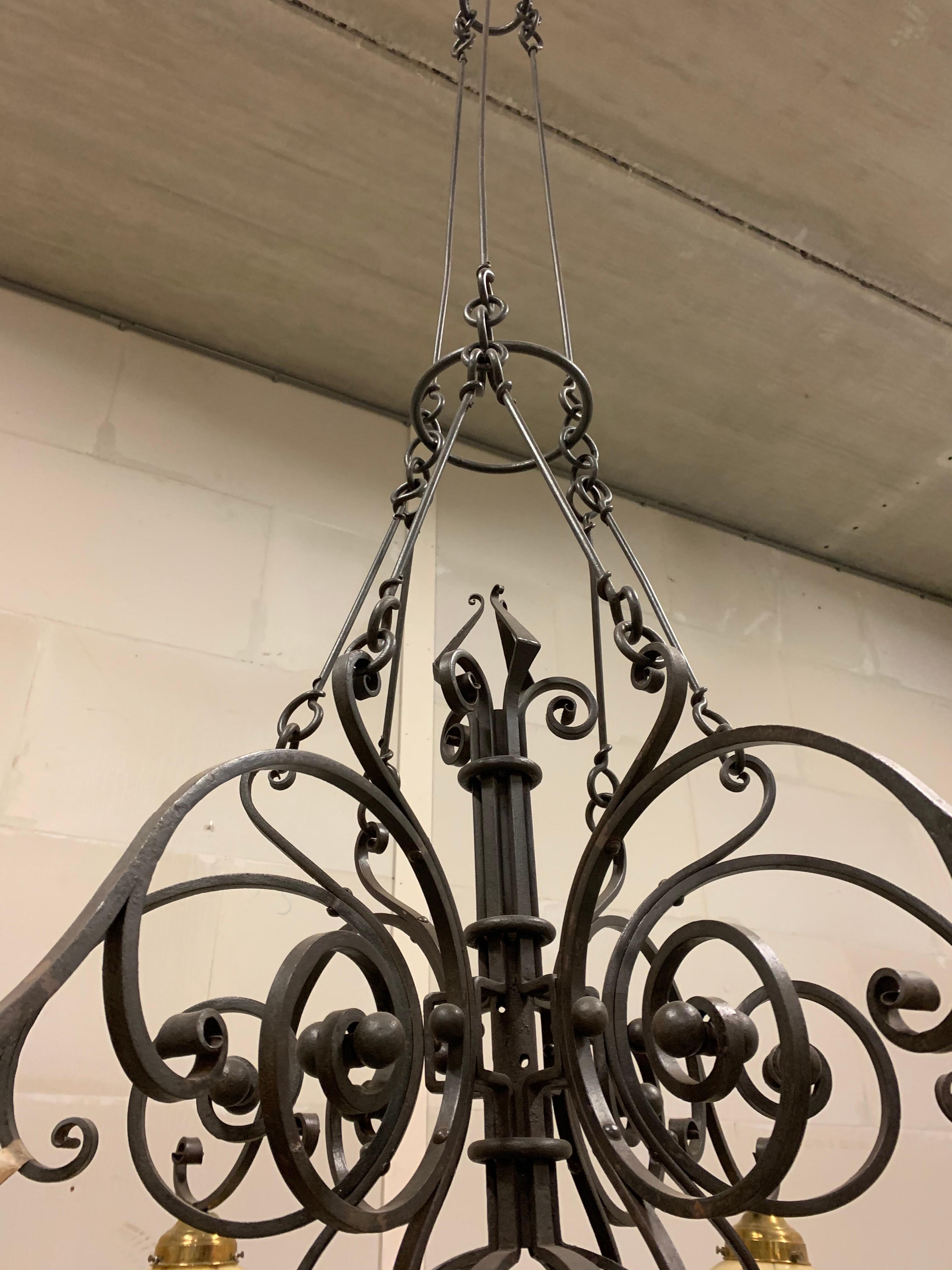 Arts and Crafts  Huge 9 Feet High, Arts & Crafts Wrought Iron, Marbled Glass Chandelier Pendant  For Sale