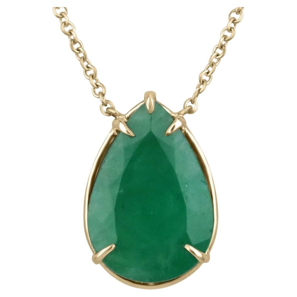 Huge 9.30ct Statement Natural Rich Green Emerald-Pear Cut Solitaire Gold Necklac For Sale