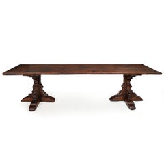 Huge 9.5’ Gothic Revival Solid Carved Oak Antique Refectory Dining Table