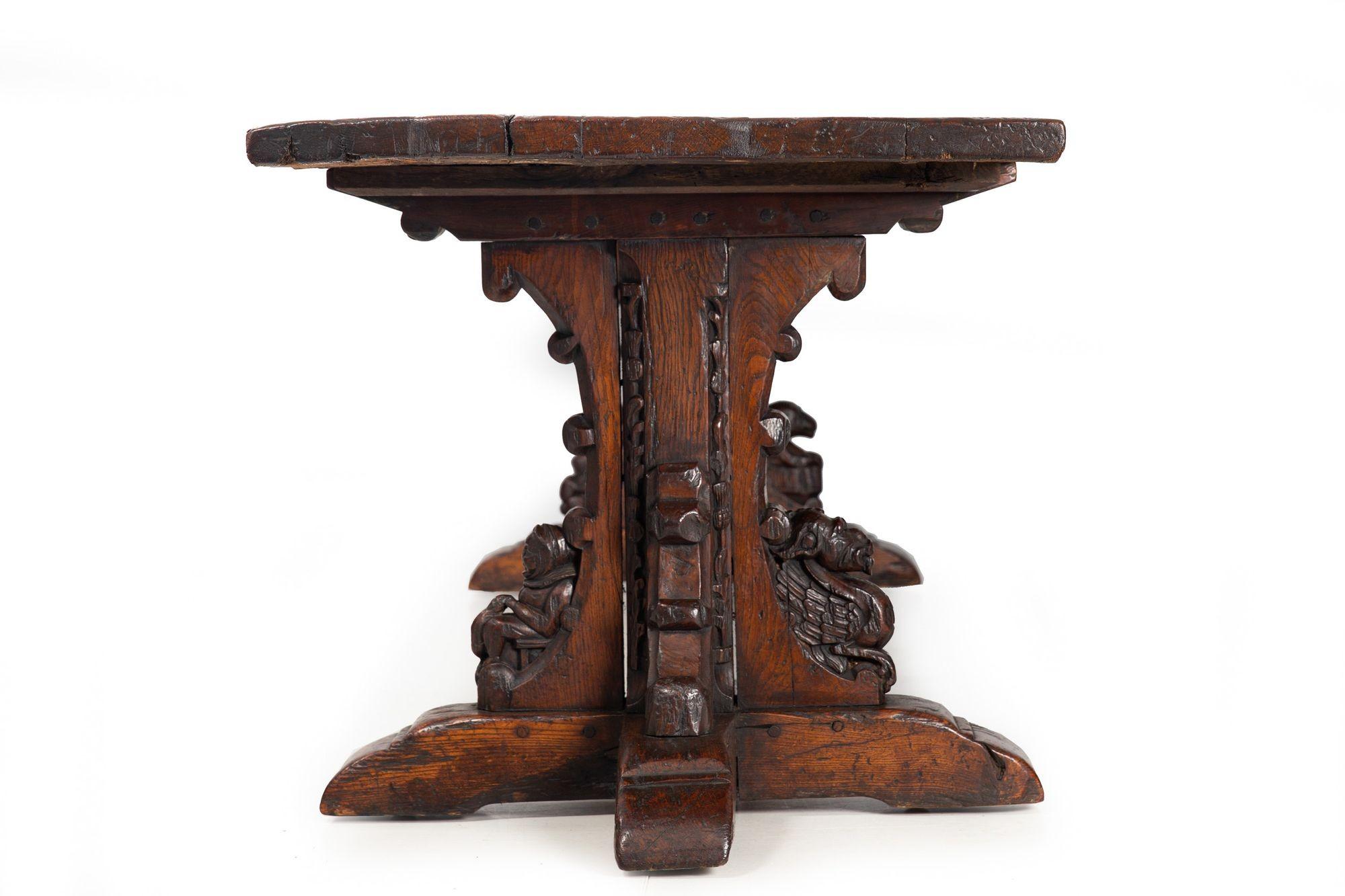 European Huge 9.5’ Gothic Revival Solid Carved Oak Antique Refectory Dining Table