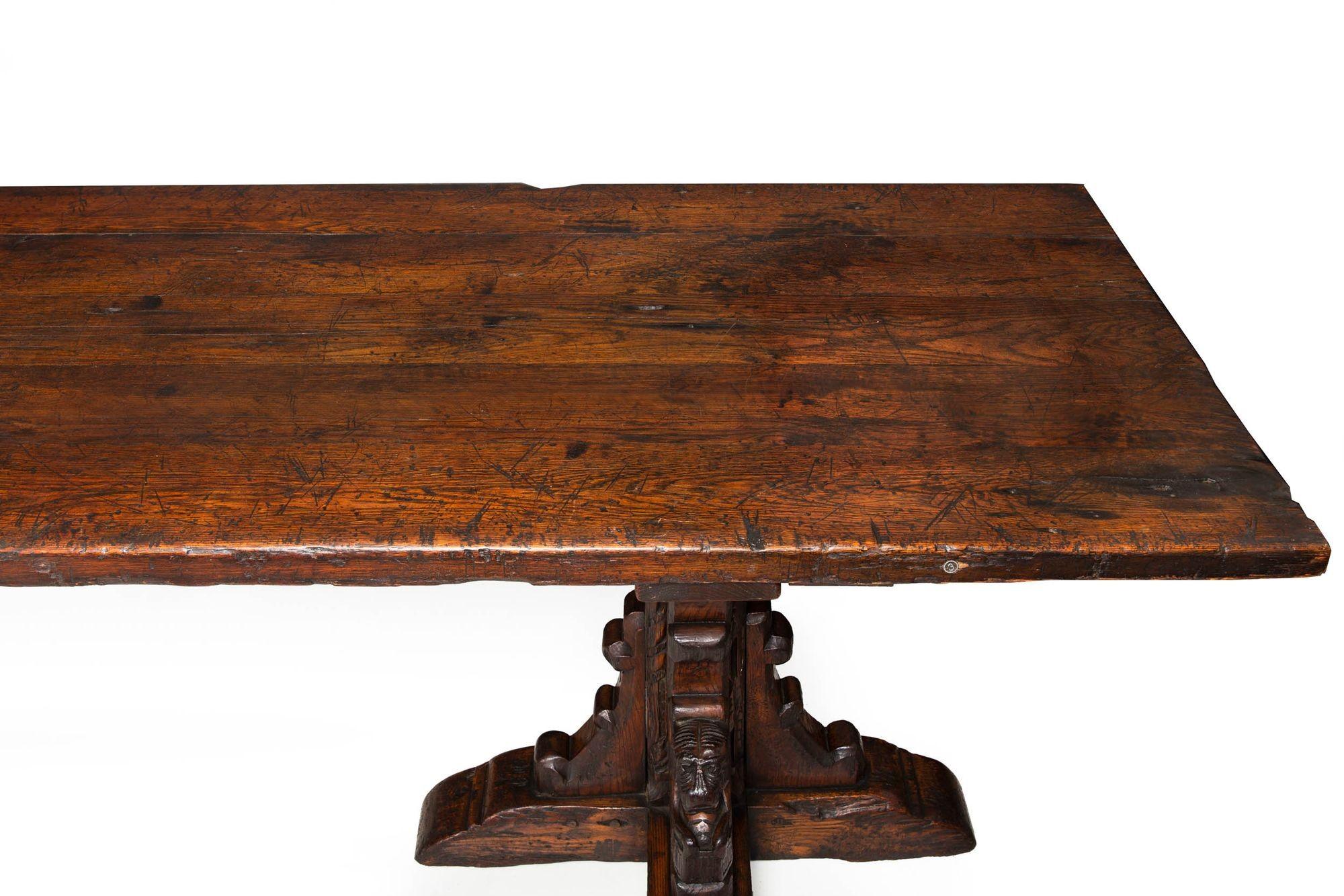Huge 9.5’ Gothic Revival Solid Carved Oak Antique Refectory Dining Table 2