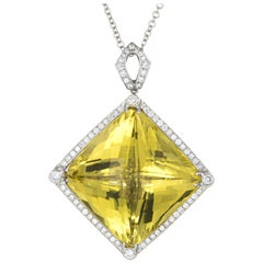 Used Huge 96 Carat Lemon Quartz Diamond Pendant 14 Karat Gold Estate Fine Jewelry