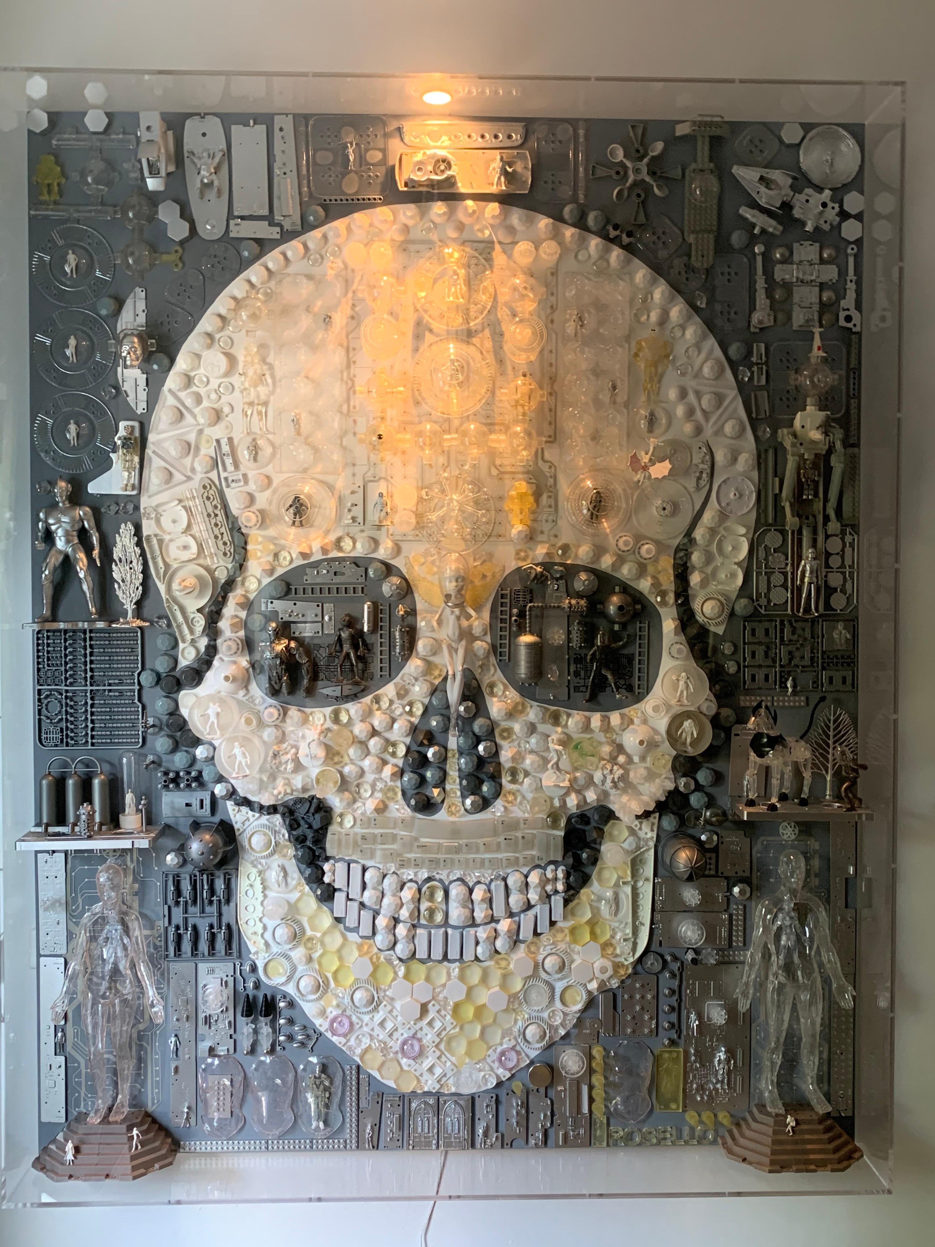 This is a one-of-a-kind large scale and super intricate collage of plastic found objects to create the image of a human skull. Whether up close or from a distance, this original art box in acrylic is a special and whimsical piece. You can stare at