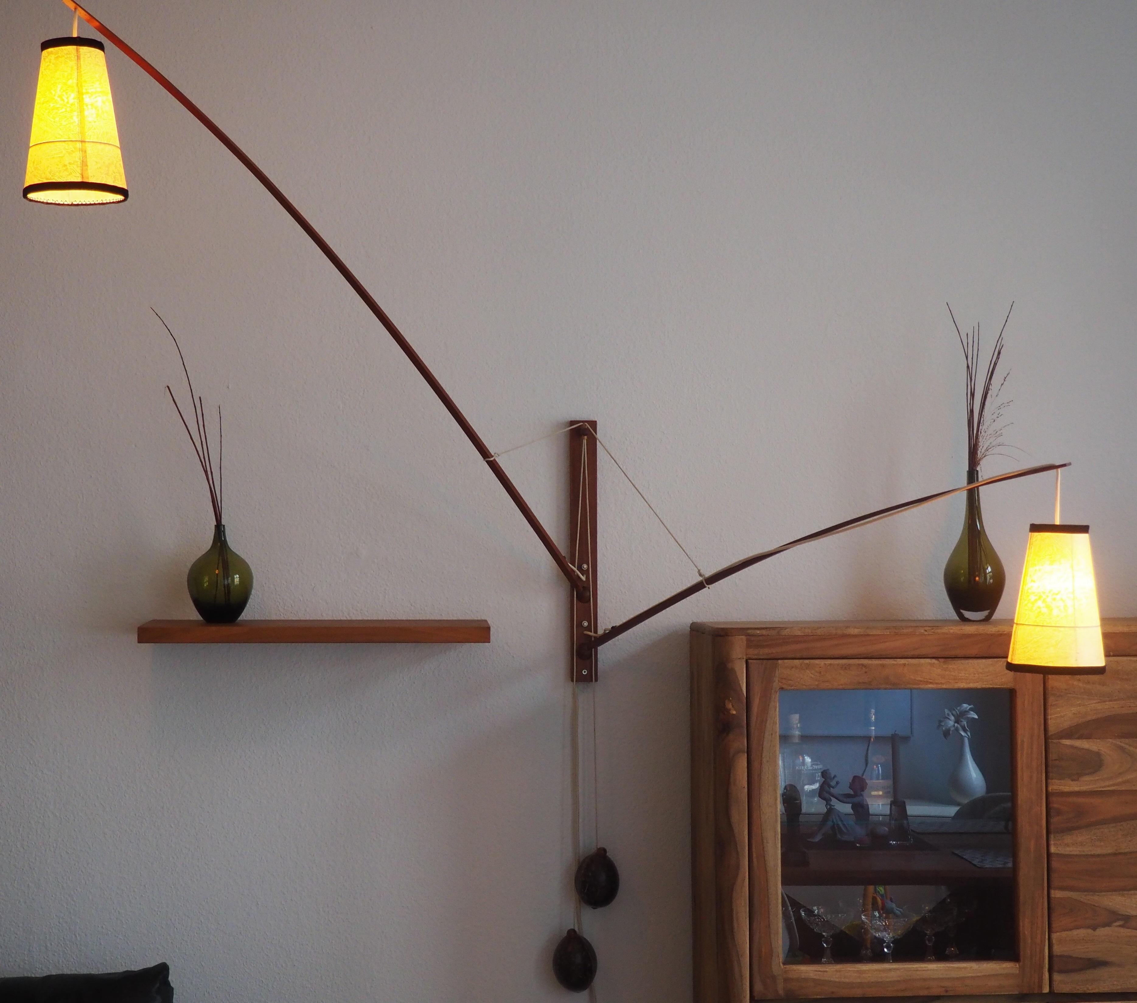 A very large adjustable Scandinavian Modern two - arms ( 68.9 inch left / 49.2 inch right ) teak wall light with coconut counterweights by Rupprecht Skrip, circa 1950s.
Made in Germany.
Socket: two x E27 for standard screw bulbs.
Excellent