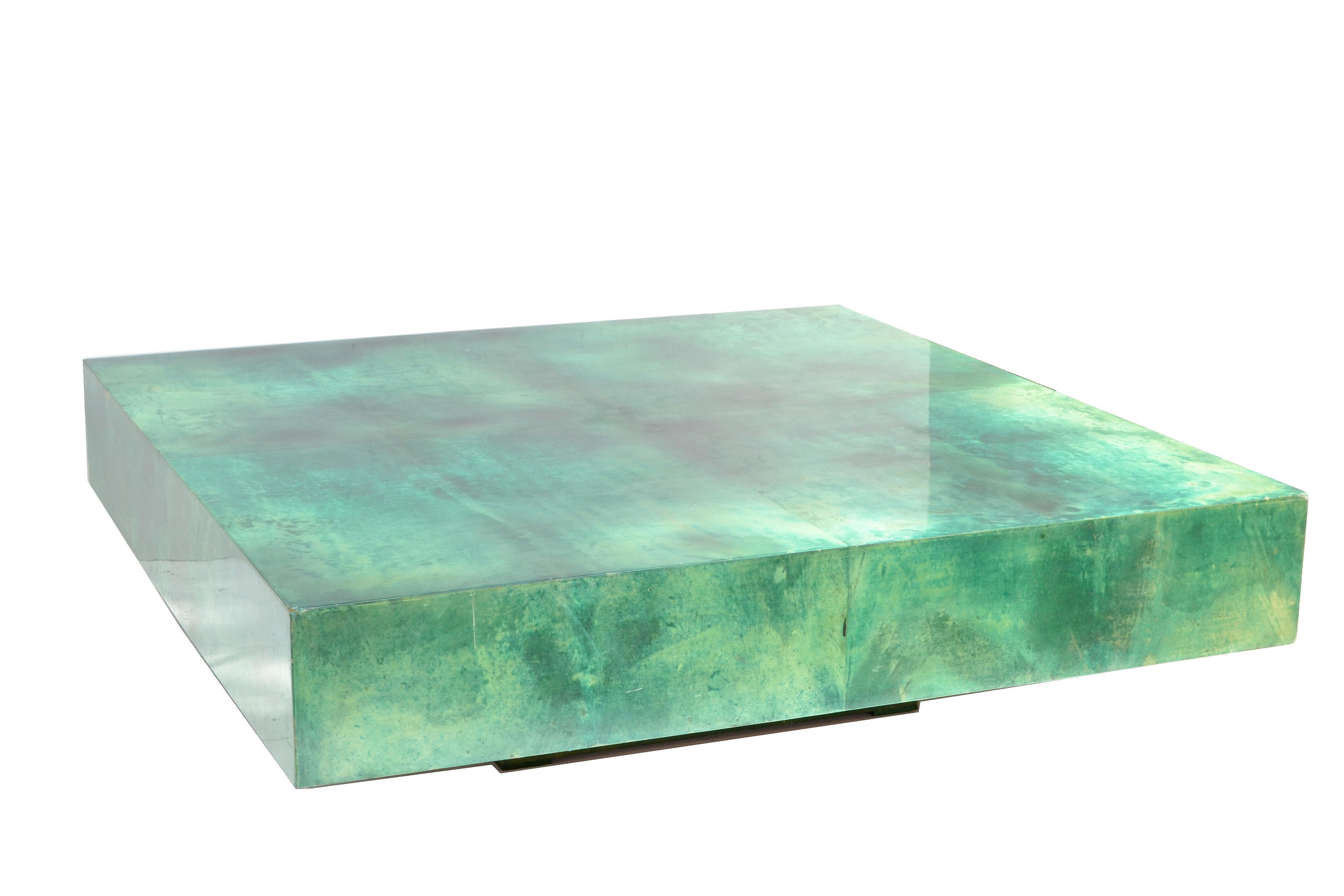 Huge Aldo Tura Coffee / Cocktail Table Emerald Green Lacquered Goatskin Top  2
