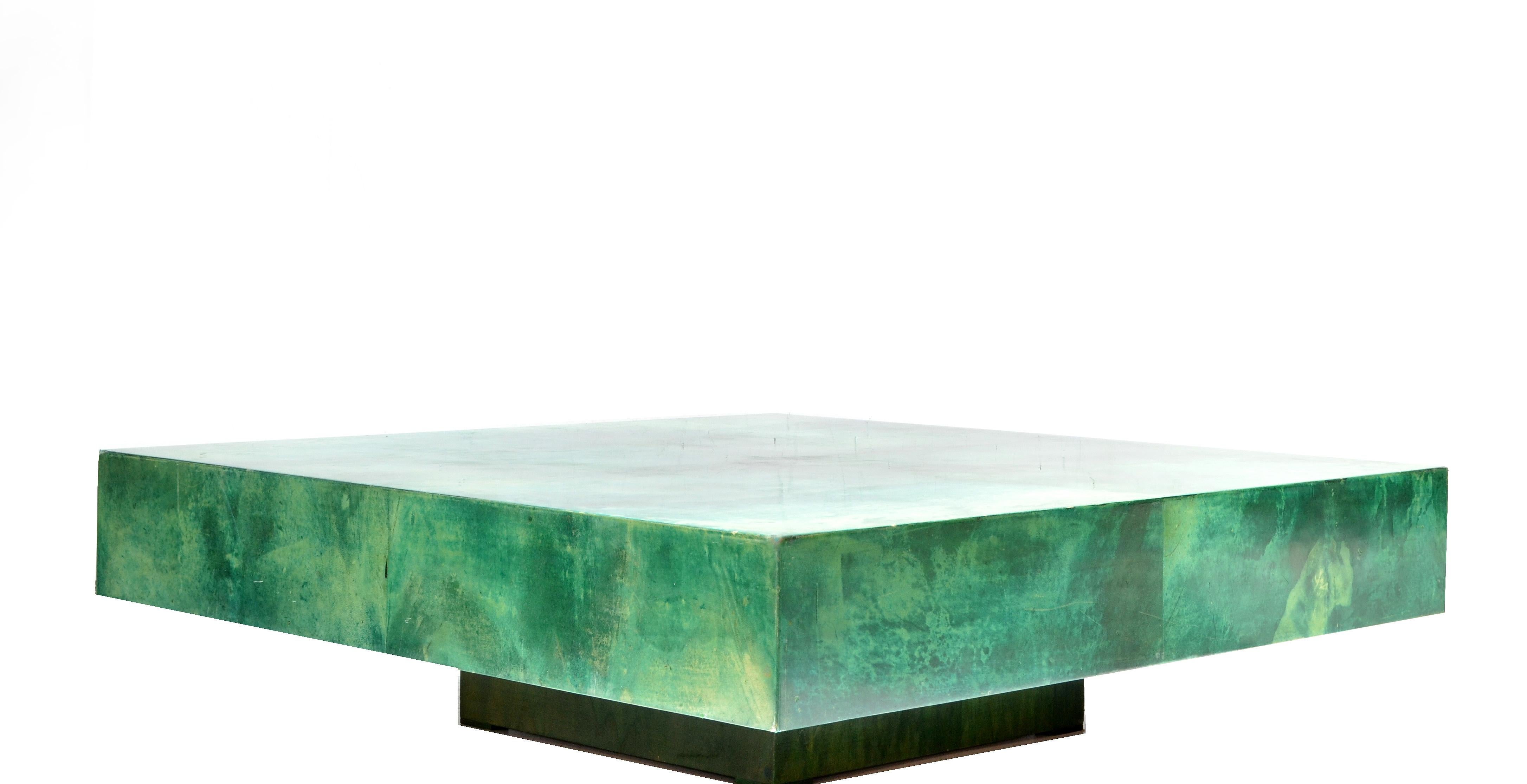 Huge Aldo Tura Coffee / Cocktail Table Emerald Green Lacquered Goatskin Top  4