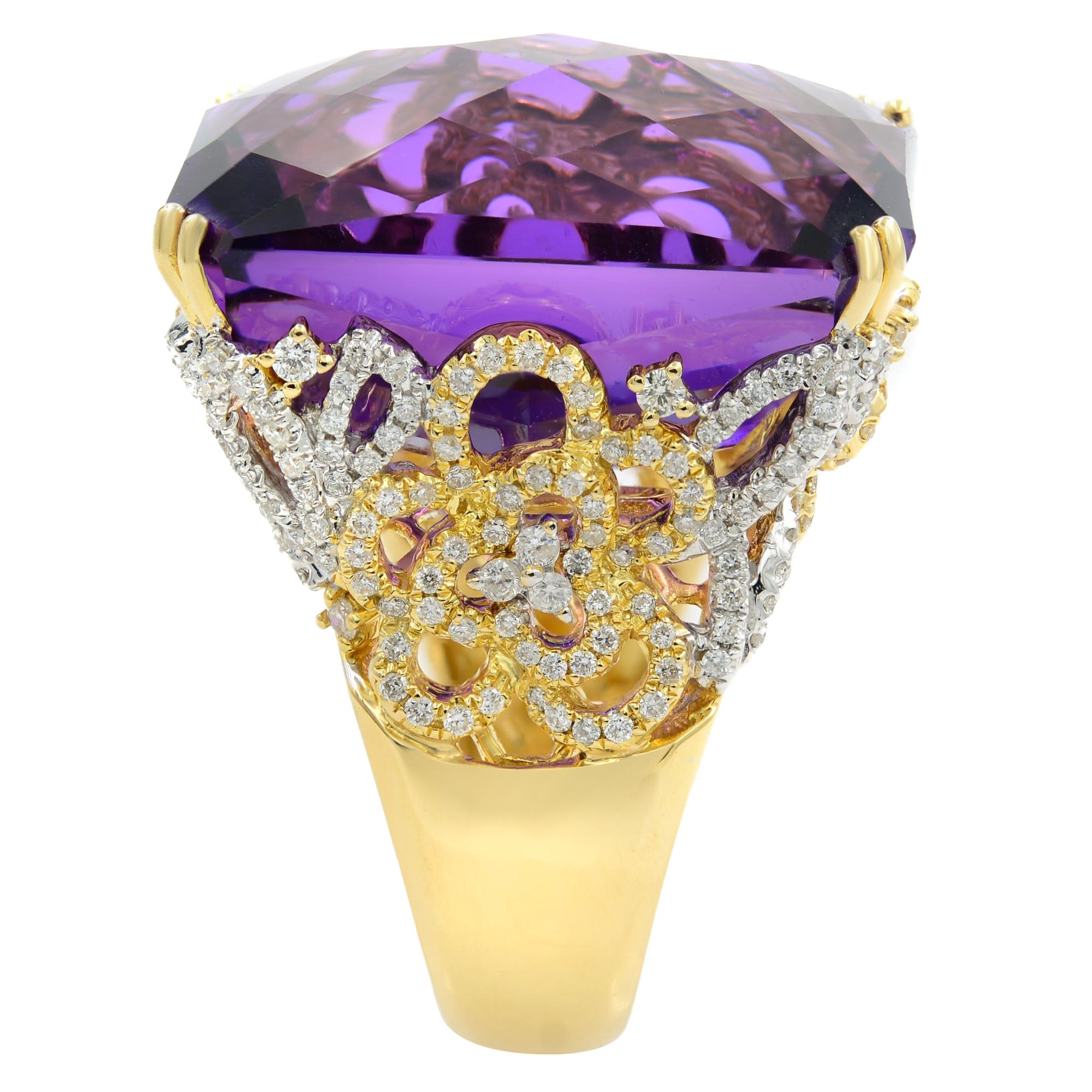 Modern Huge Amethyst and Diamond Ring 18 Karat Gold