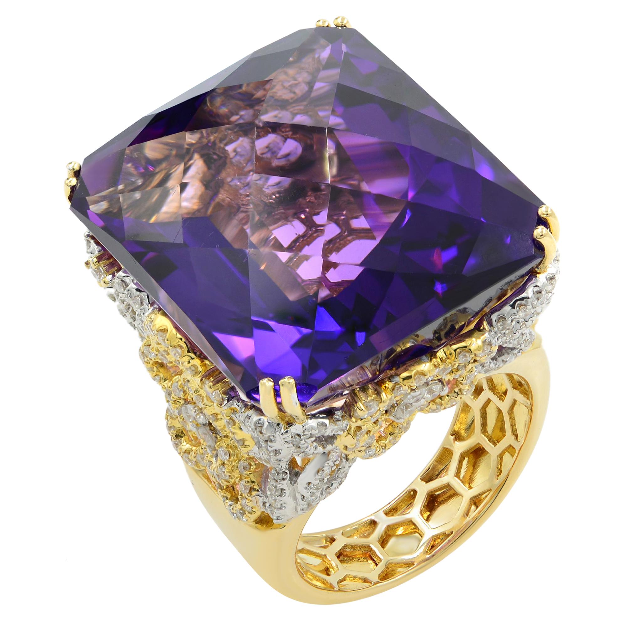 Huge Amethyst and Diamond Ring 18 Karat Gold