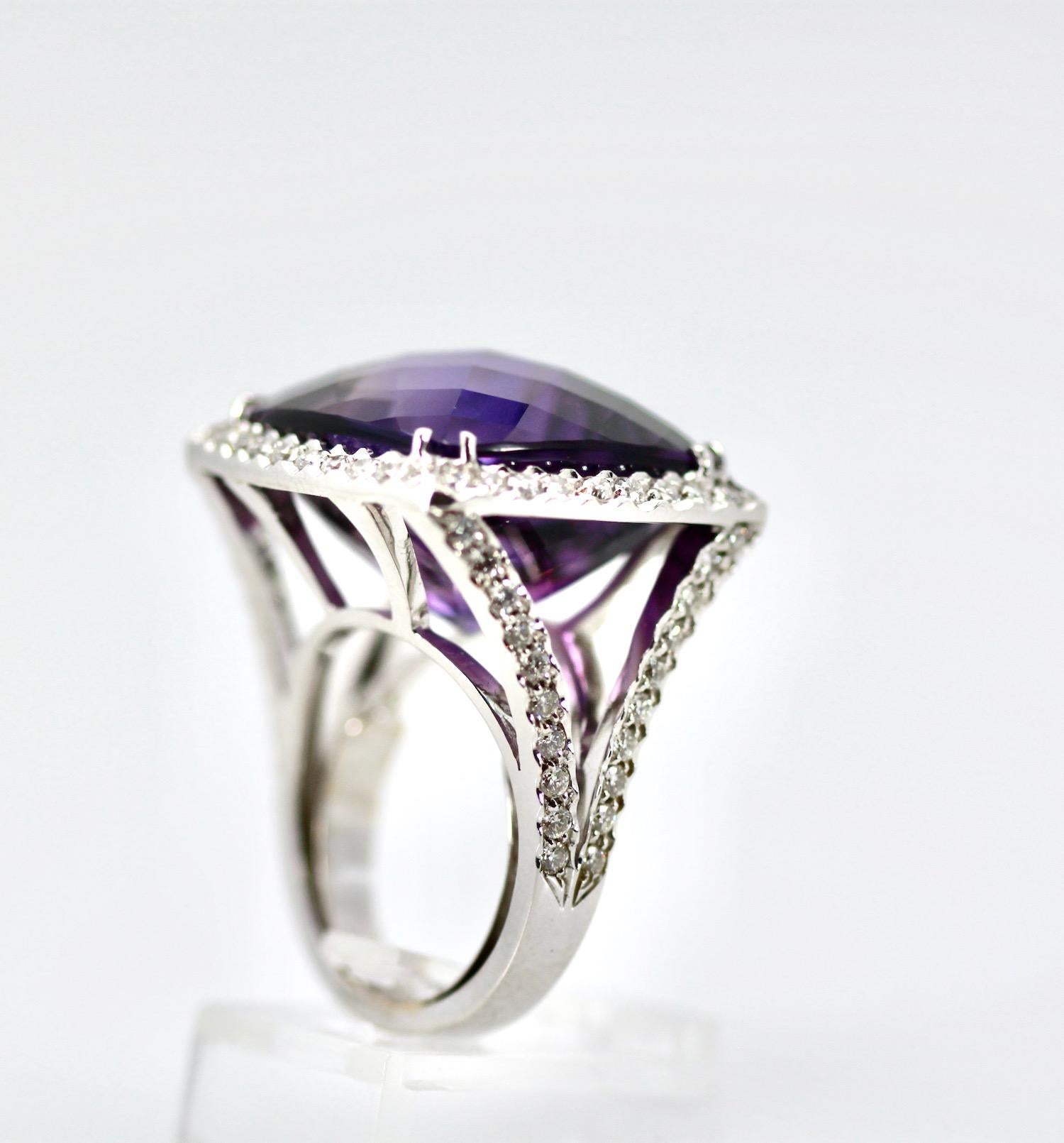 Modern Huge Amethyst Ring 25 Carats w/ Diamond Border For Sale
