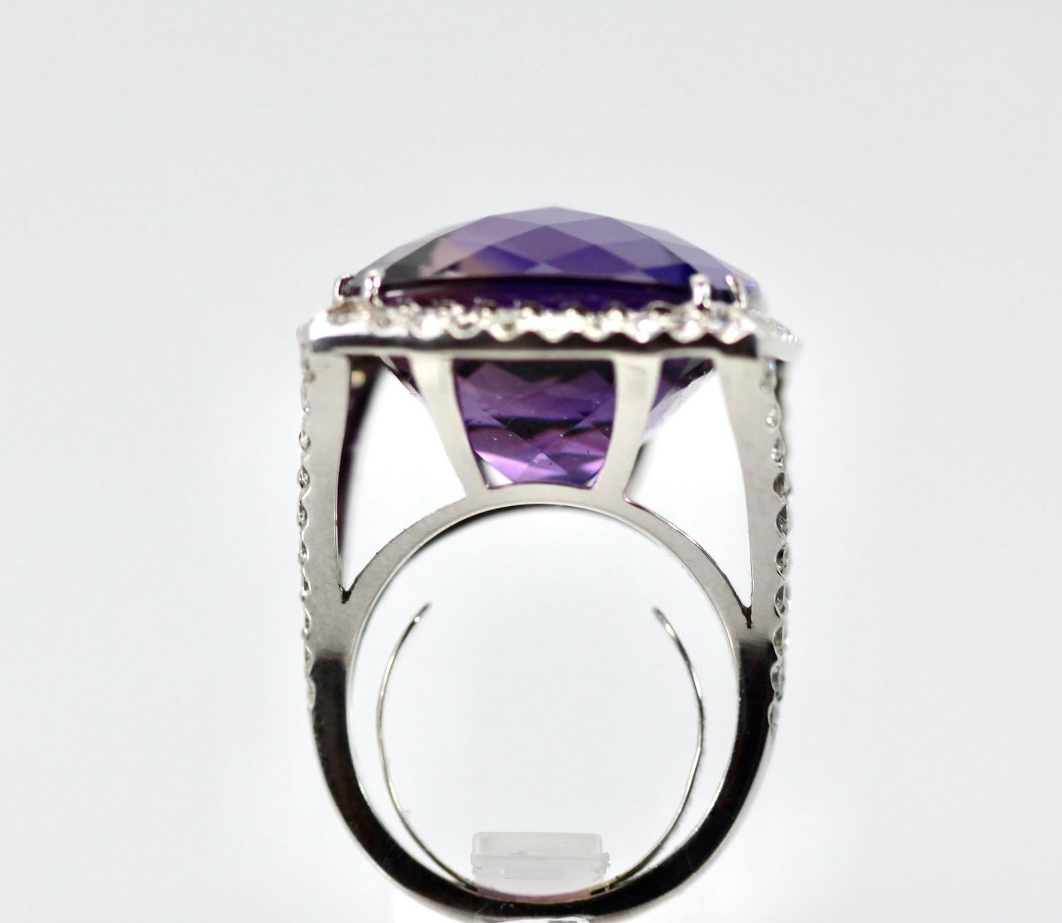 Cushion Cut Huge Amethyst Ring 25 Carats w/ Diamond Border For Sale