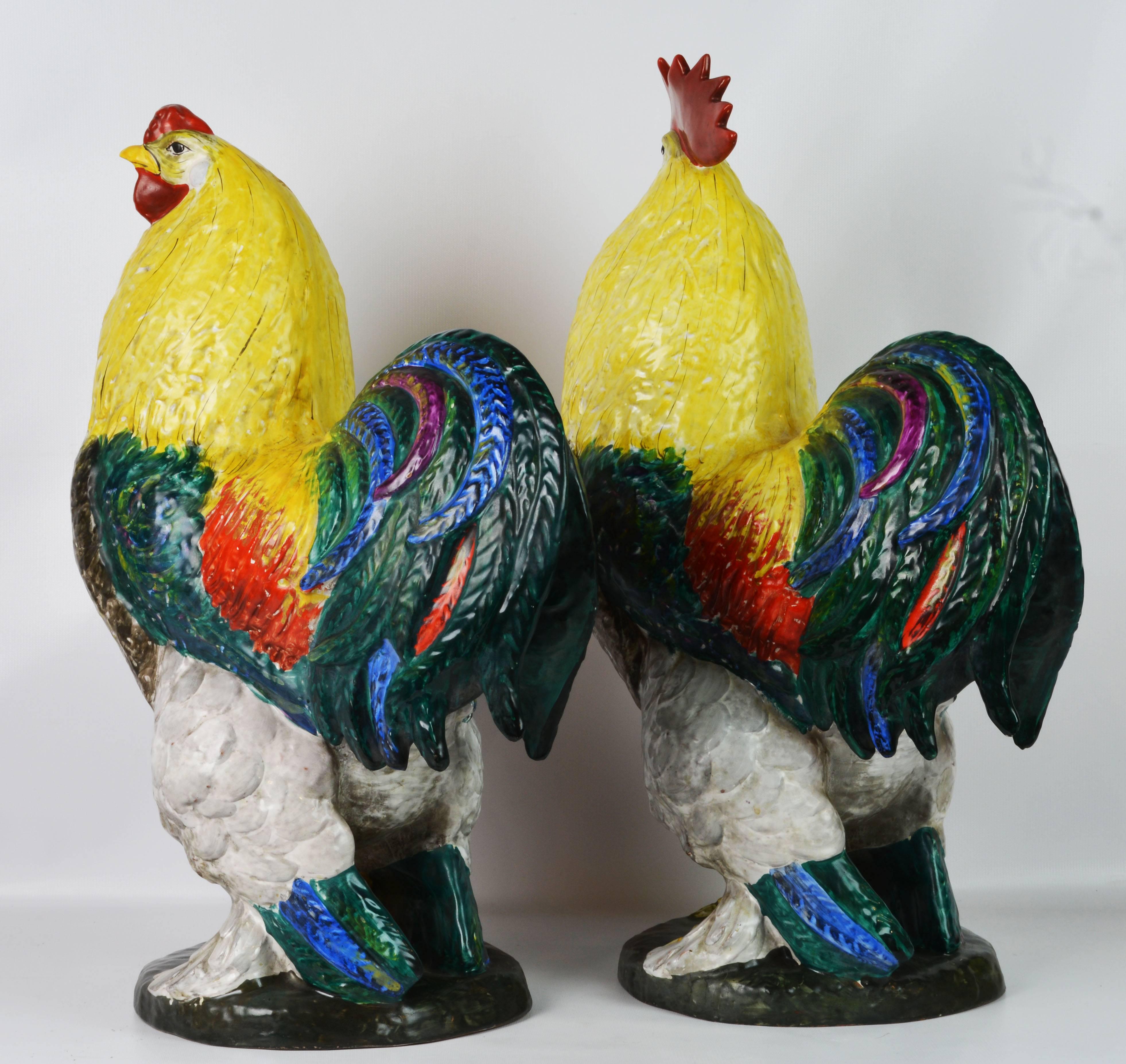 Glazed Huge and Colorful Italian Majolica Sculptures of a Rooster and Hen