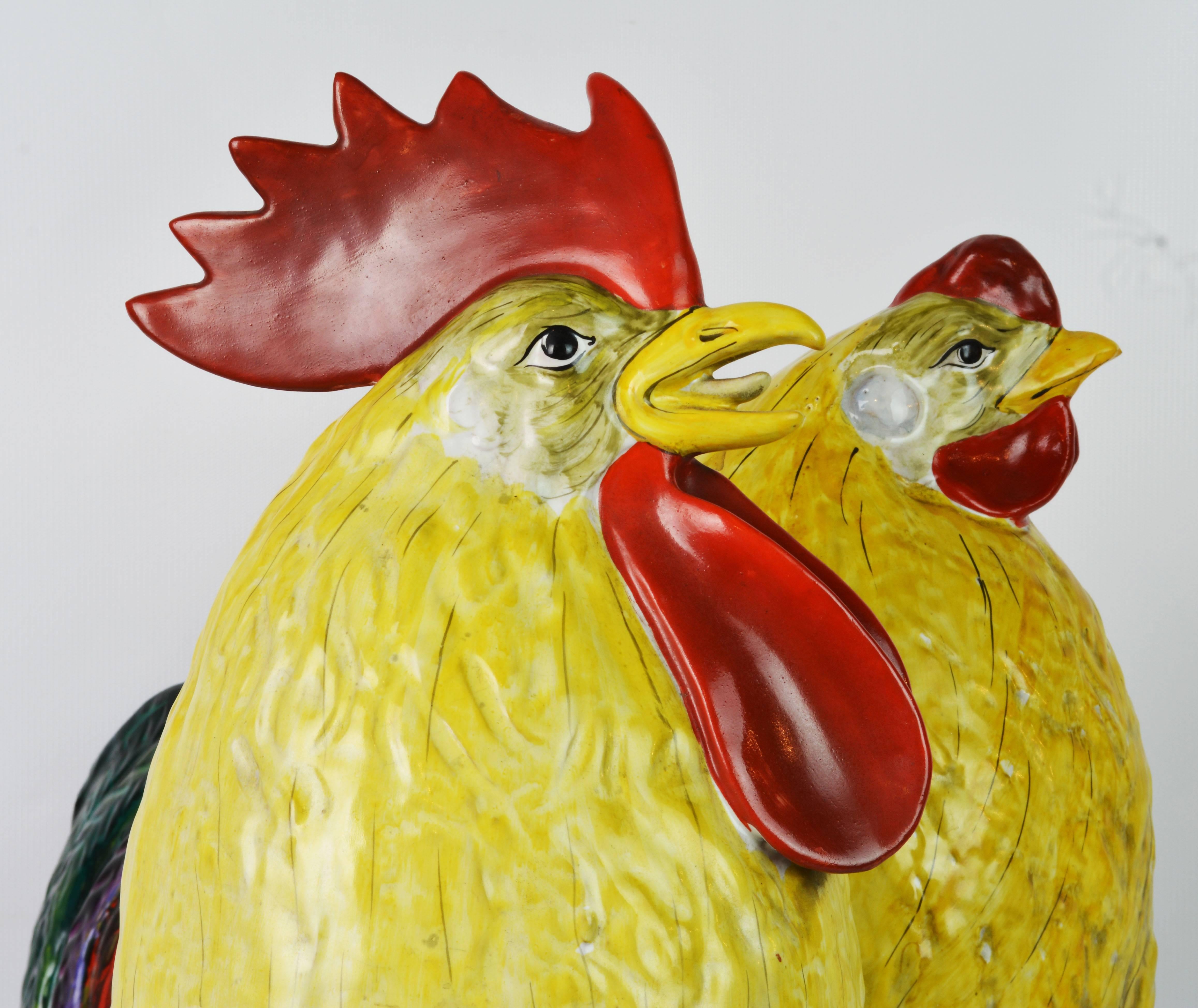 Huge and Colorful Italian Majolica Sculptures of a Rooster and Hen In Good Condition In Ft. Lauderdale, FL