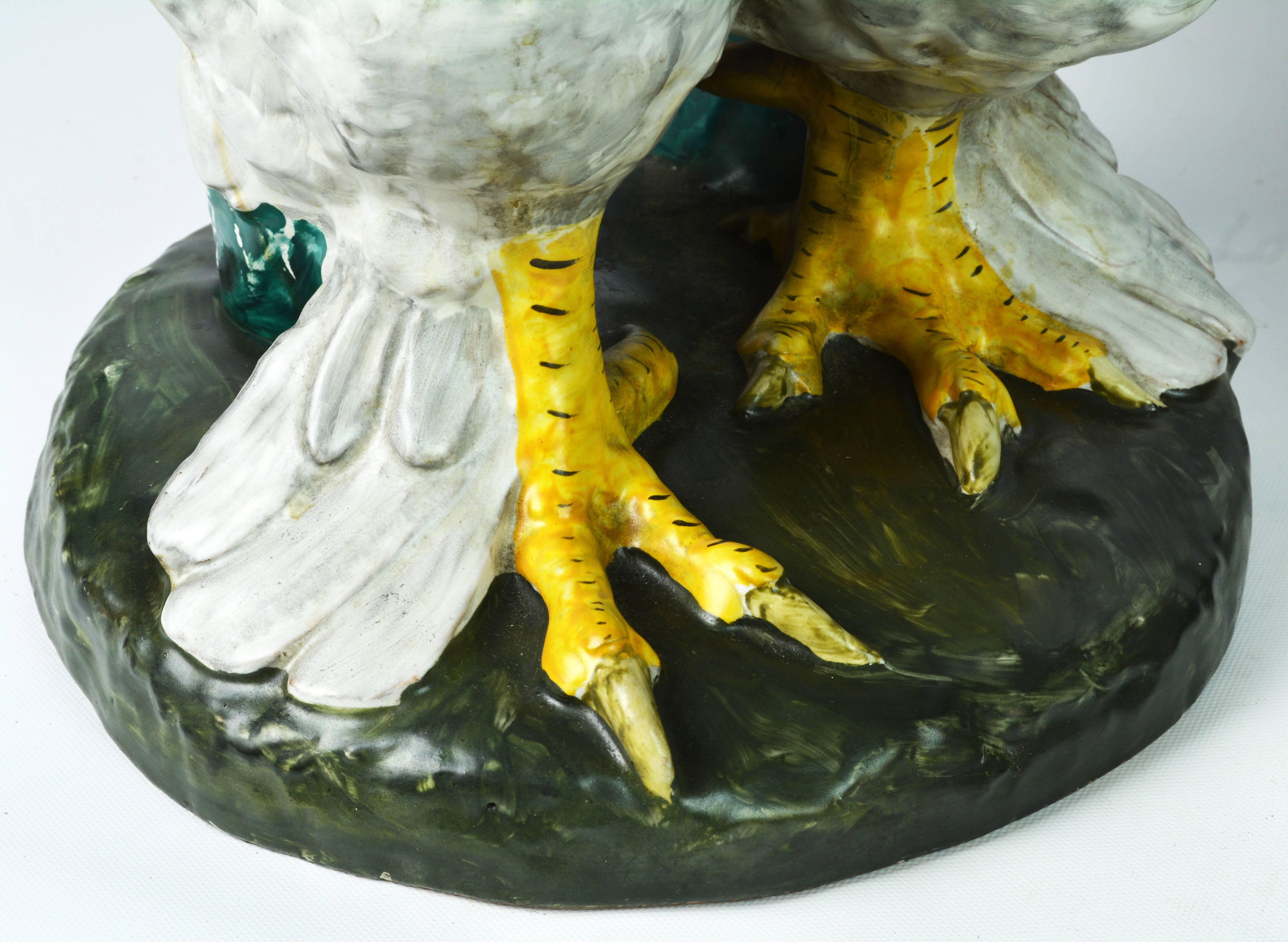 Ceramic Huge and Colorful Italian Majolica Sculptures of a Rooster and Hen