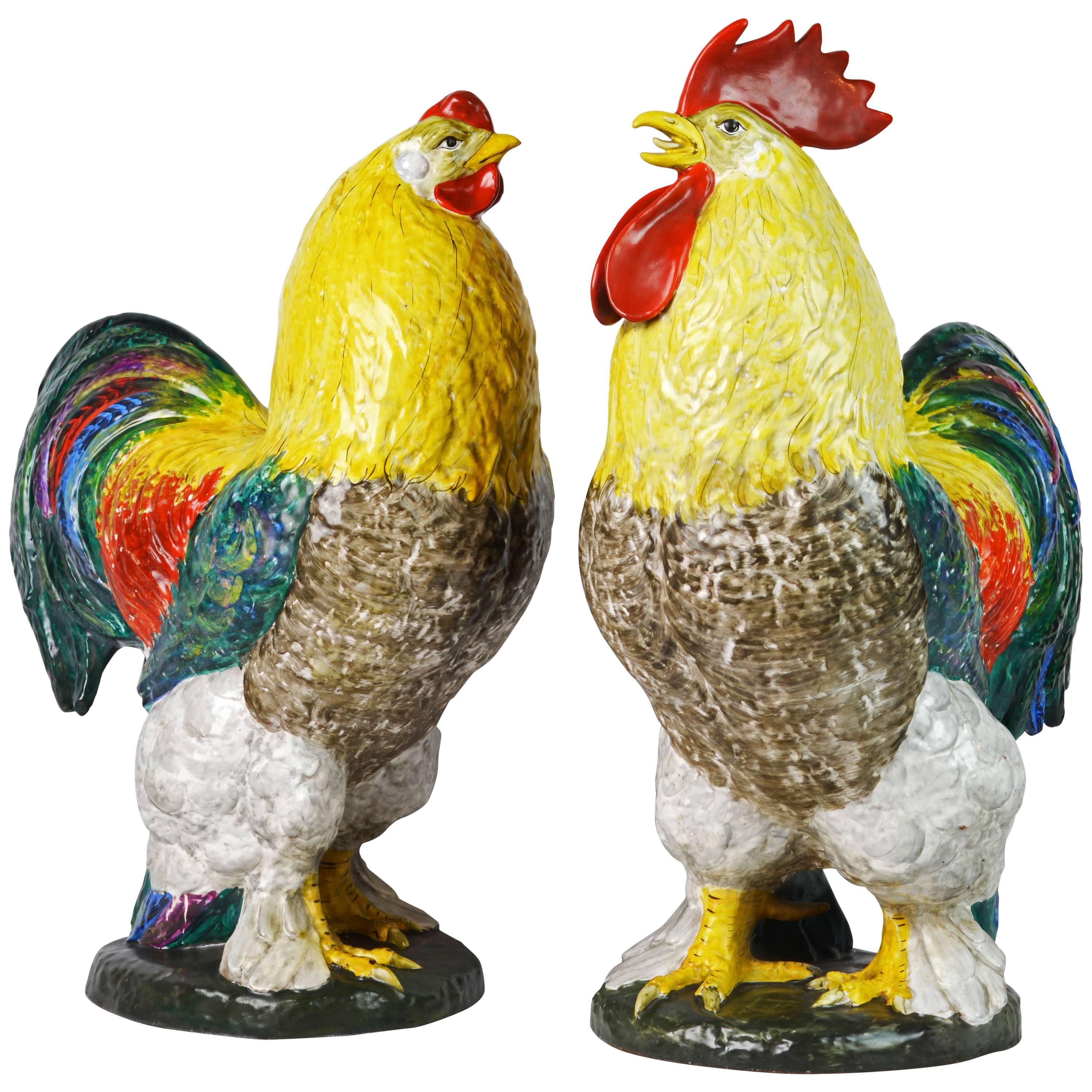 Huge and Colorful Italian Majolica Sculptures of a Rooster and Hen