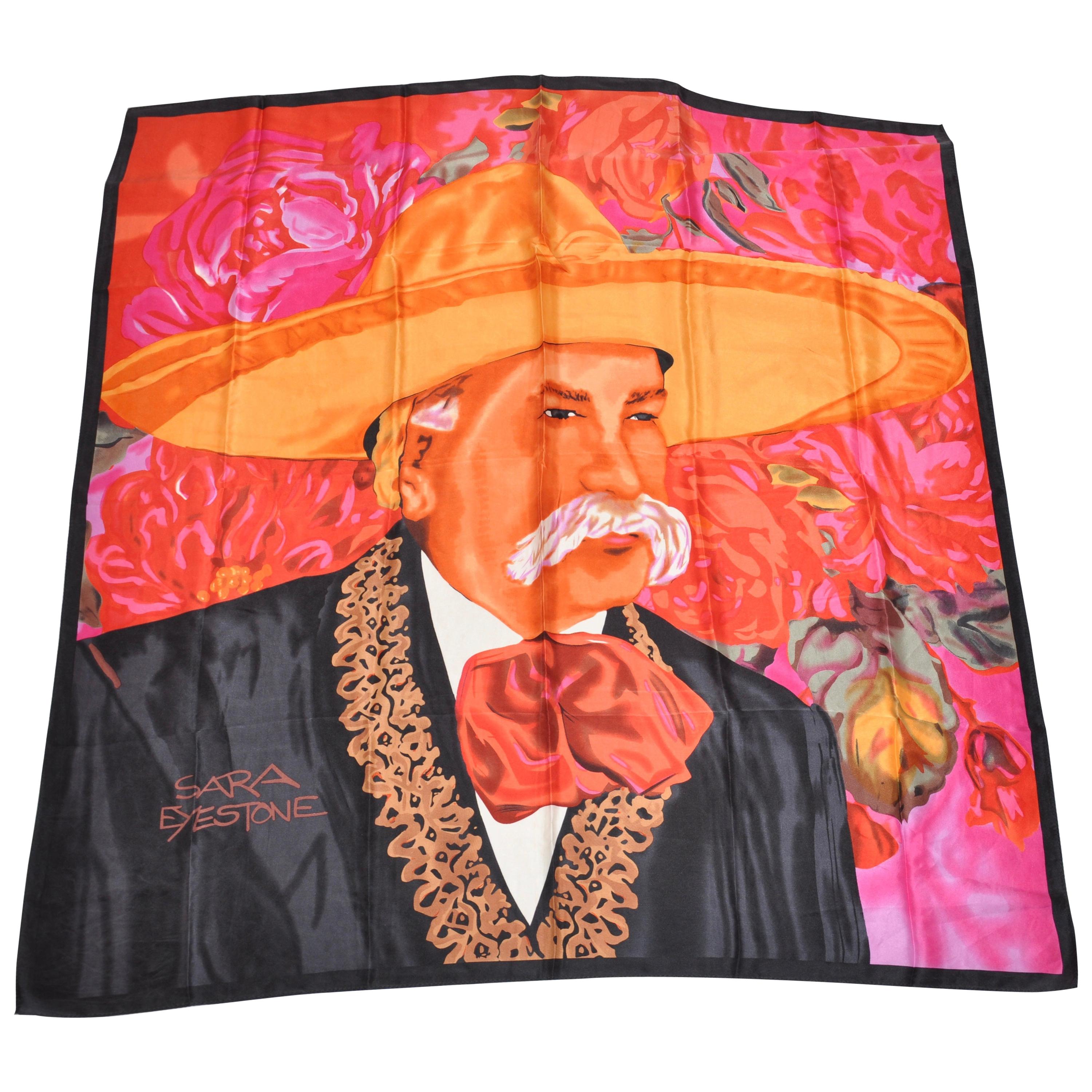 Huge and Magnificently Vivid "Portrait of Man Wearing Hat" Silk Scarf For Sale