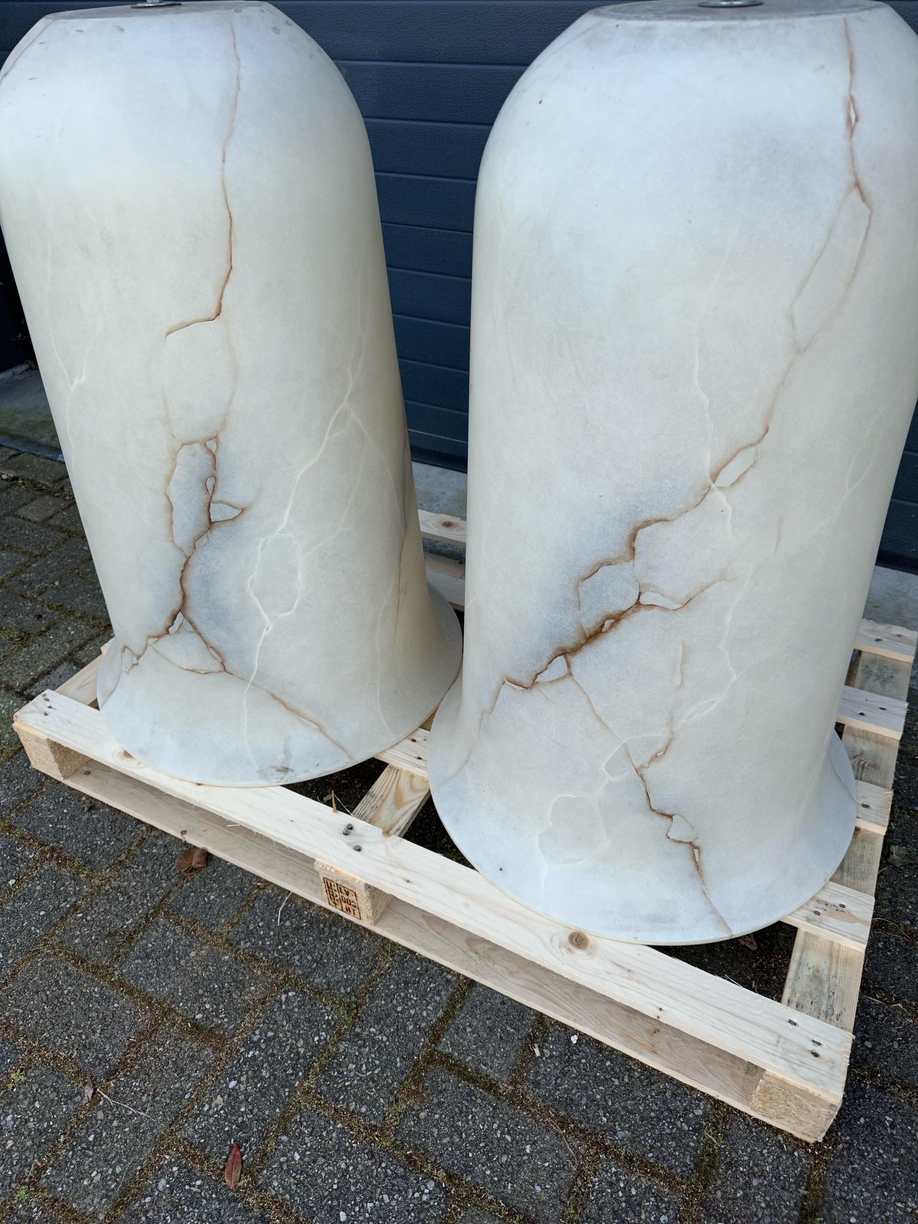 European King Size and Unique Pair of White Alabaster Like Pendant Lights with Veins For Sale