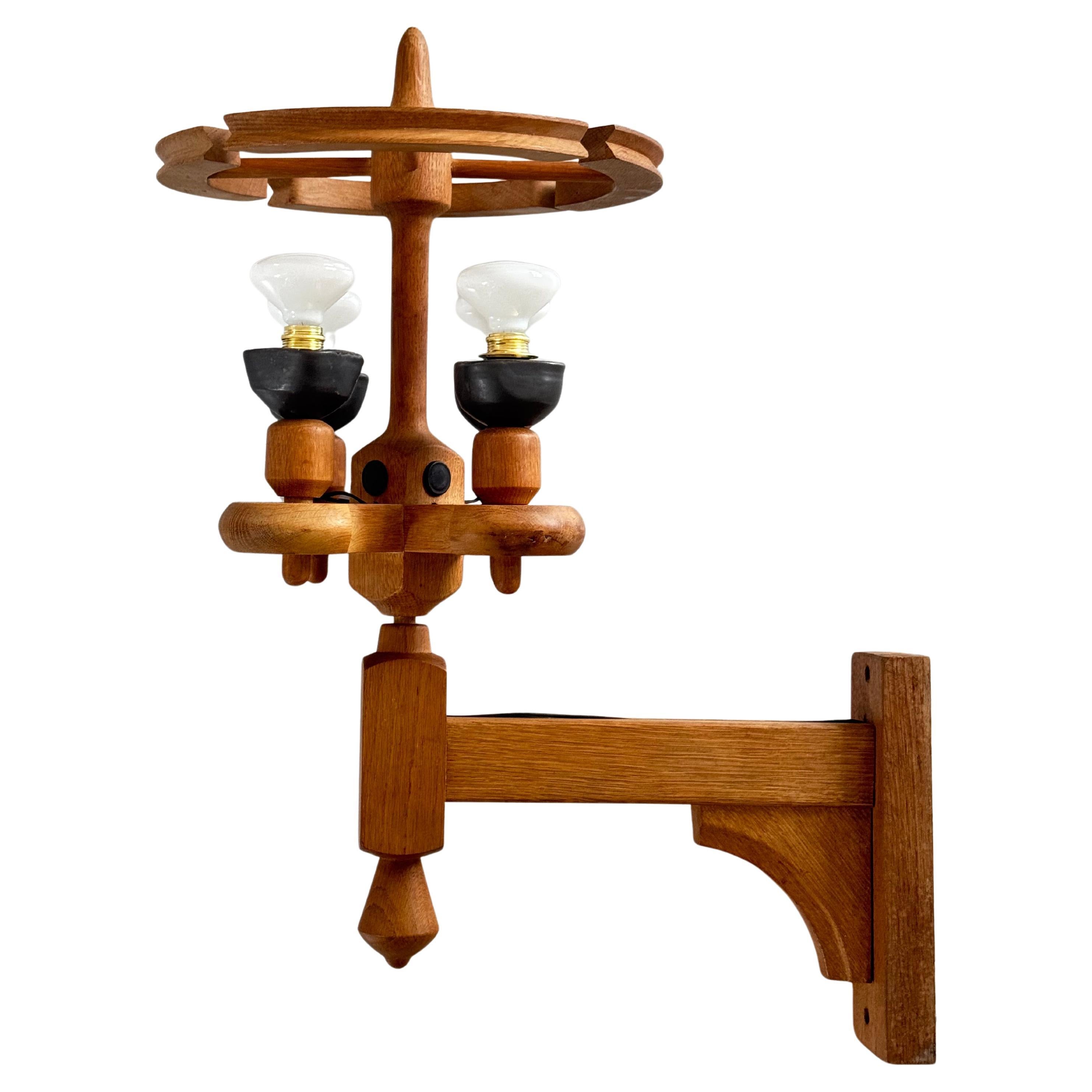 Huge & Unique Wall Lamp Solid Oak, Design by Guillerme et Chambron, France 1960s