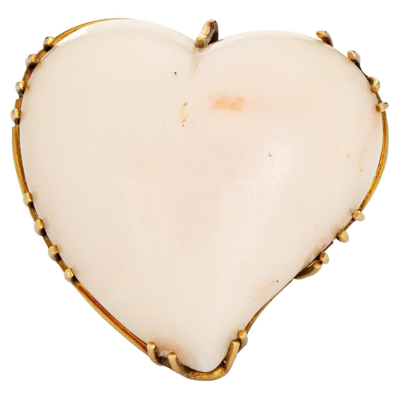 Huge Angel Skin Coral Heart Ring 60s Vintage 18k Yellow Gold Cocktail Jewelry For Sale