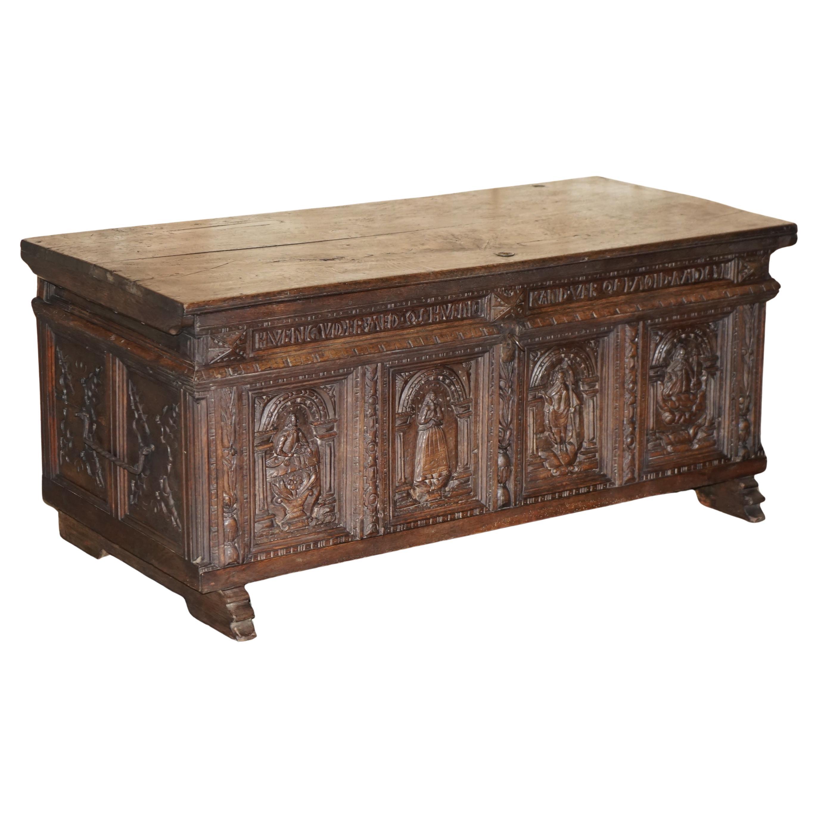 HUGE ANTIQUE 1631 DATED HAND CARVED OAK DANISH WEDDING DOWRY LiNEN TRUNK COFFER