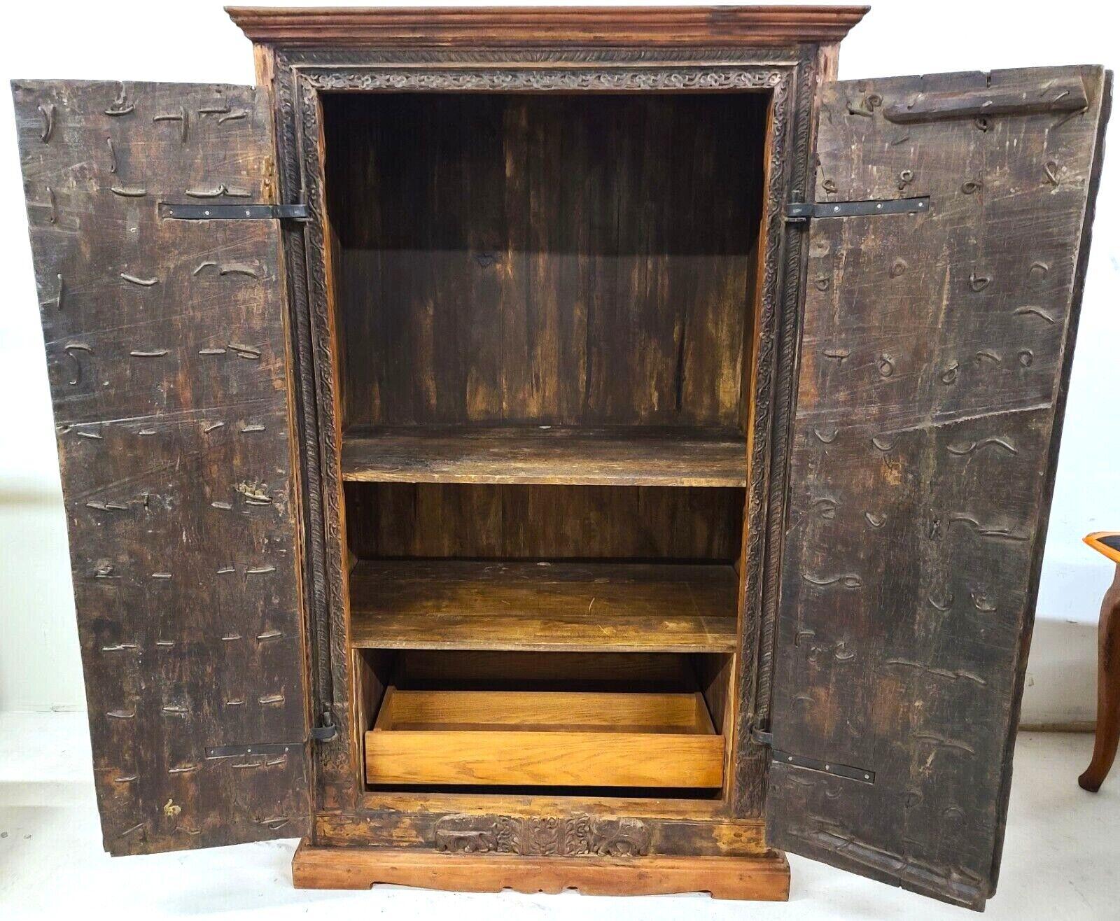 Carved Huge Antique 1800s Indian Teak Armoire Cabinet Pantry For Sale