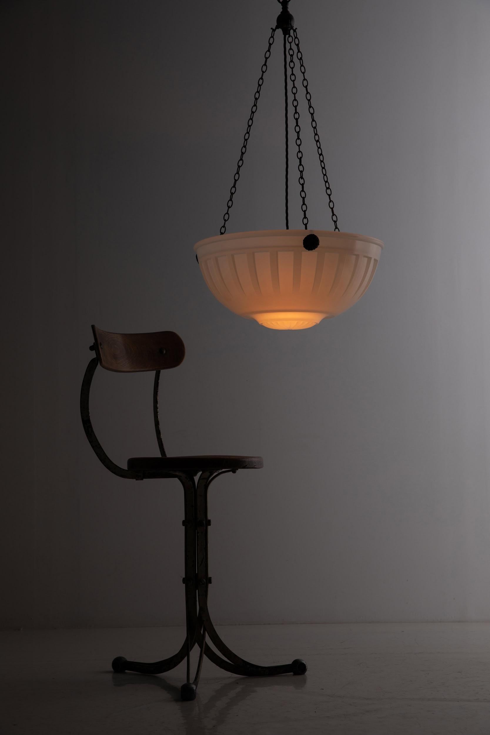 Huge Antique Art Deco 'Moonstone' Opaline Glass Plafonnier Light Pendant, C.1930 For Sale 1