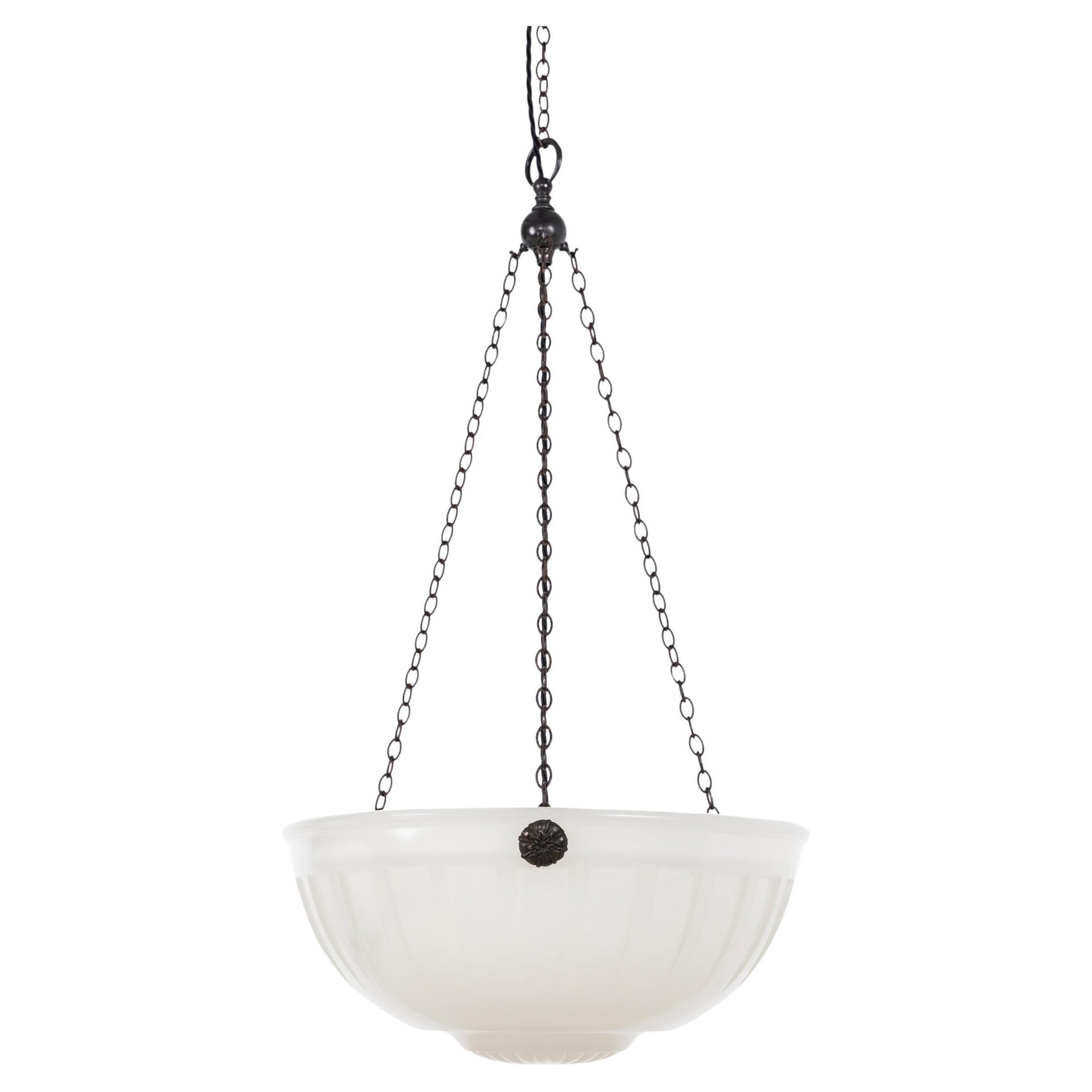 Huge Antique Art Deco 'Moonstone' Opaline Glass Plafonnier Light Pendant, C.1930