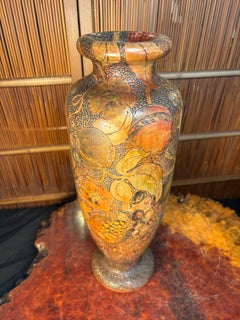 Huge Antique Arts And Crafts Pyrography Vase Hand Painted Grapes And Flowers