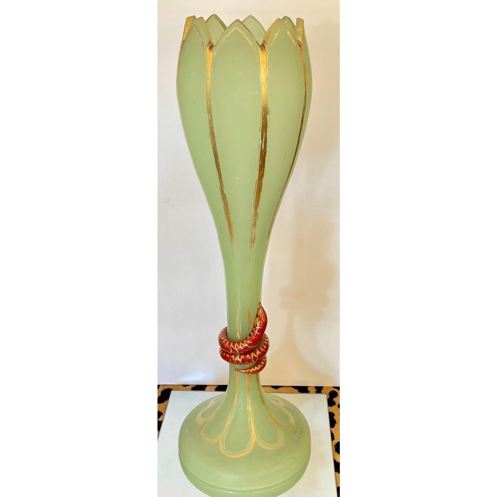 Huge antique 19th c Baccarat green opaline glass vase. It is a rare and unusual example with a scalloped rim and red serpent applique.

Additional information:
Materials: crystal
Color: green
Brand: Baccarat
Designer: Baccarat
Period: 19th