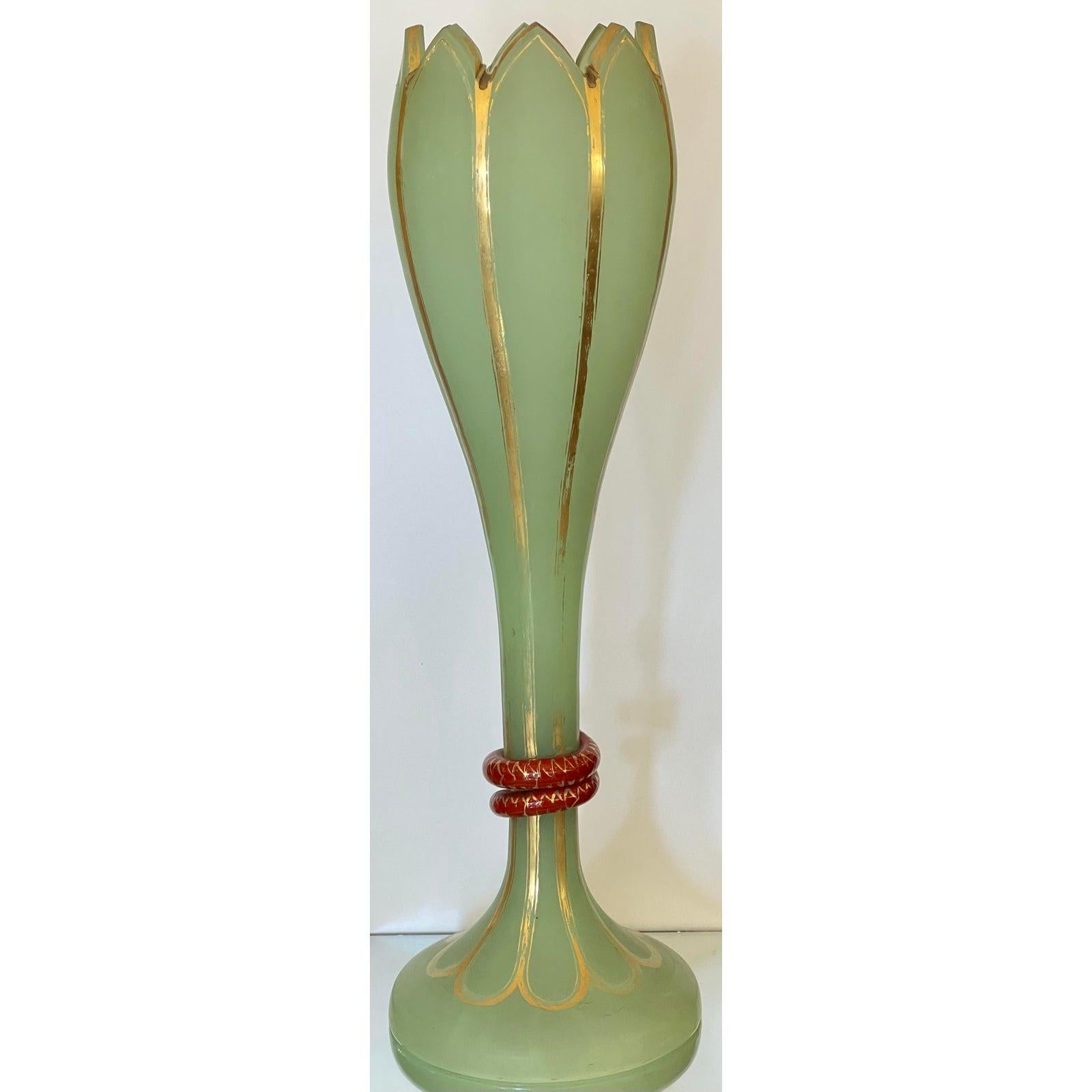 Huge Antique Baccarat Green Opaline Glass Vase, 19th Century In Good Condition For Sale In LOS ANGELES, CA