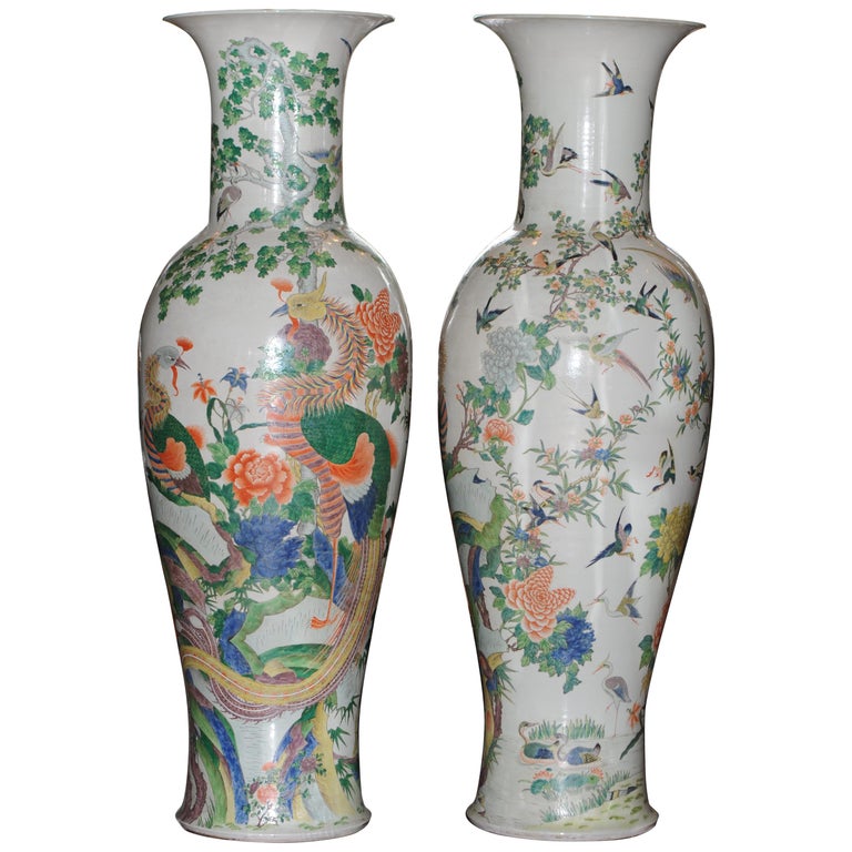 Huge Antique Chinese Bird Vases circa 19001940 Minguo Republic Kangxi