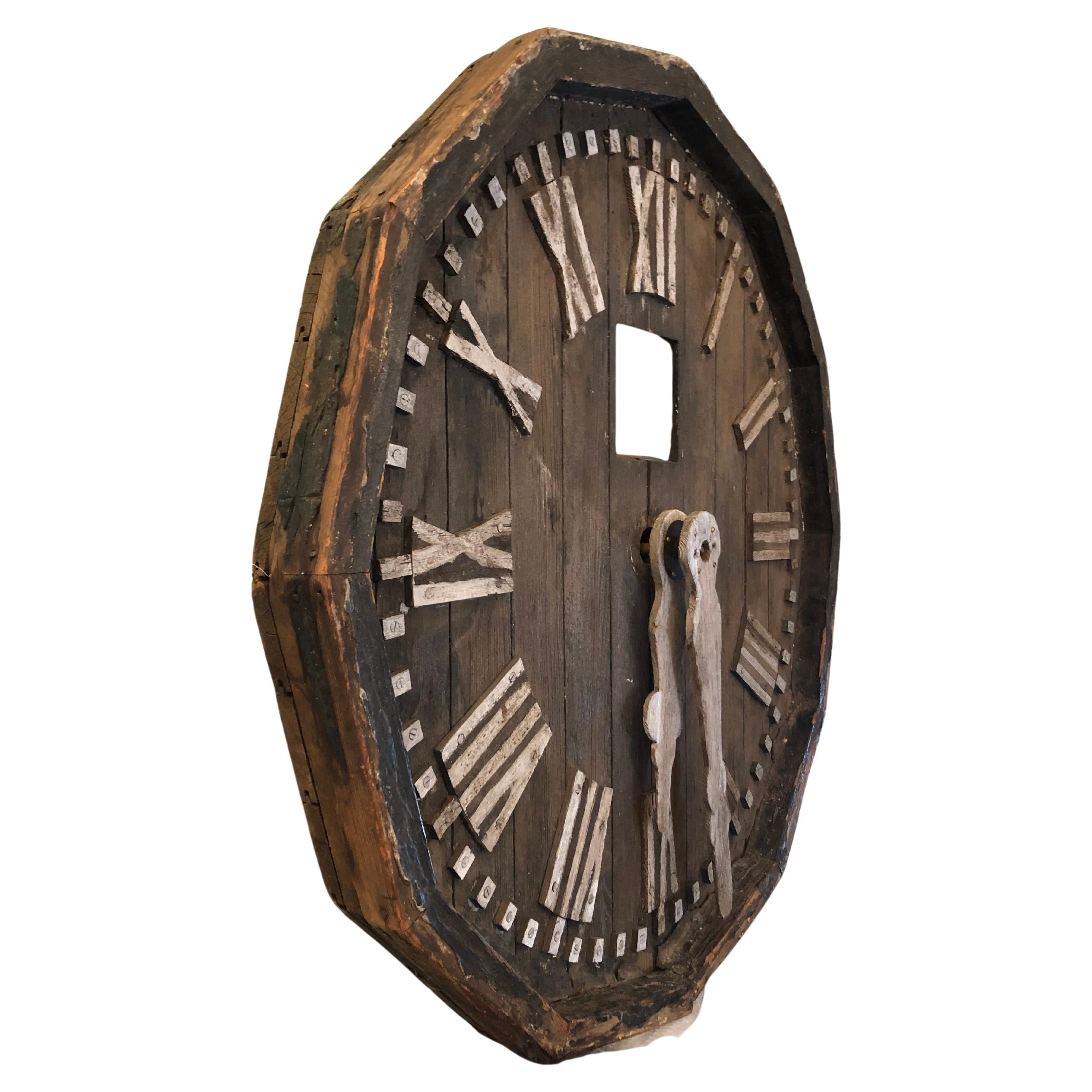 Rustic Huge Antique Distressed Reclaimed Wood Architectural Fragment Clock Face For Sale